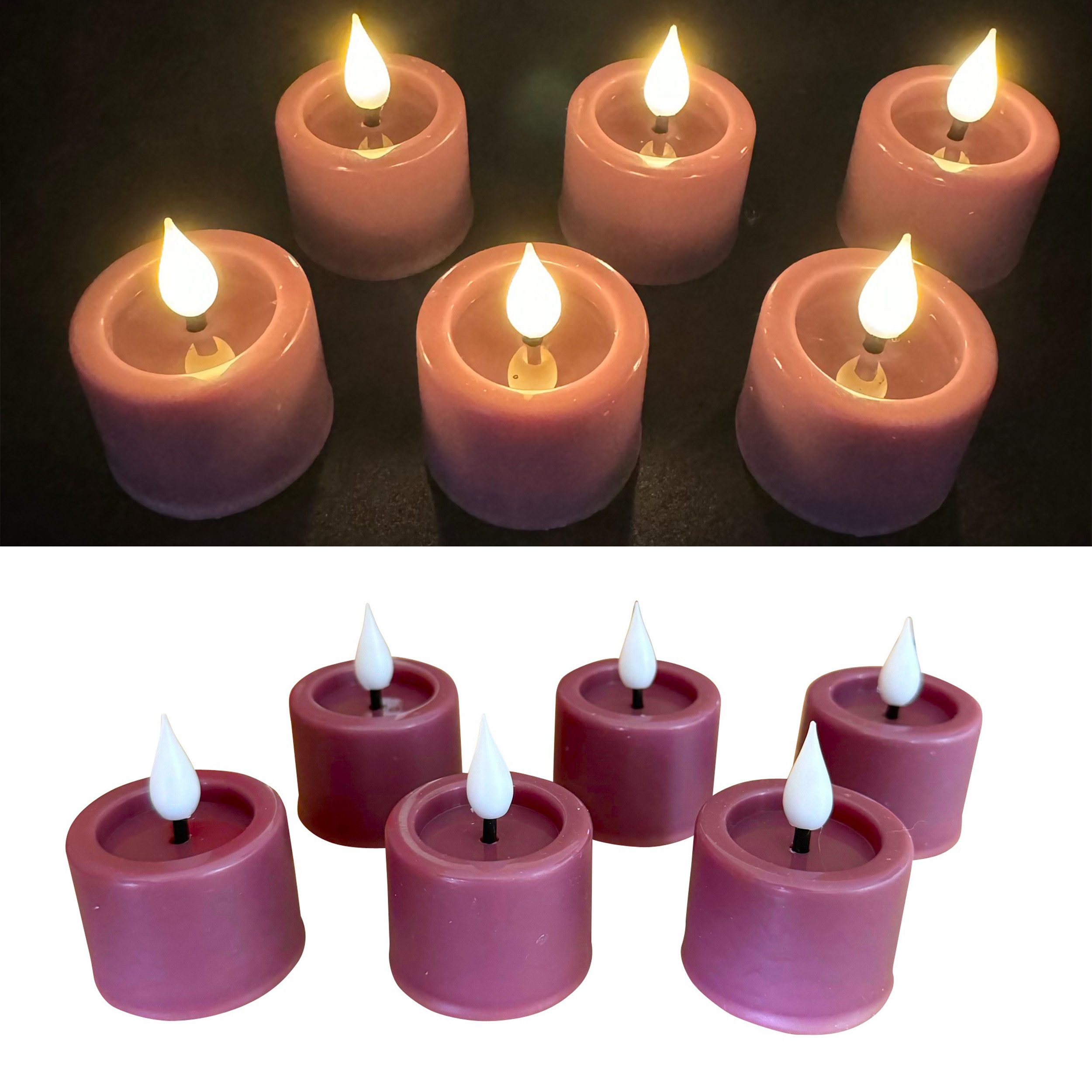 Online-Fuchs LED-Kerze als 6er Set Teelichter mit Flamme, Rauchlila (mit Echtwachs überzogen, spiegelnde Flamme), Maße: 4 x 3 cm, Fernbedienung, 6-Stunden-Timer
