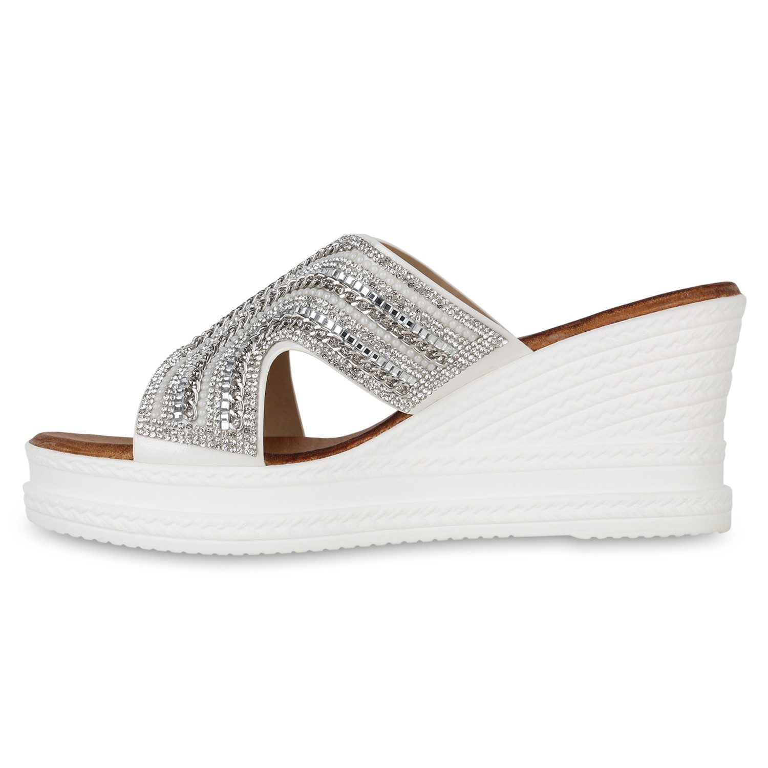 VAN HILL 840997 Sandalette Damen Pantoletten Sandaletten Strass Ketten Plat günstig online kaufen