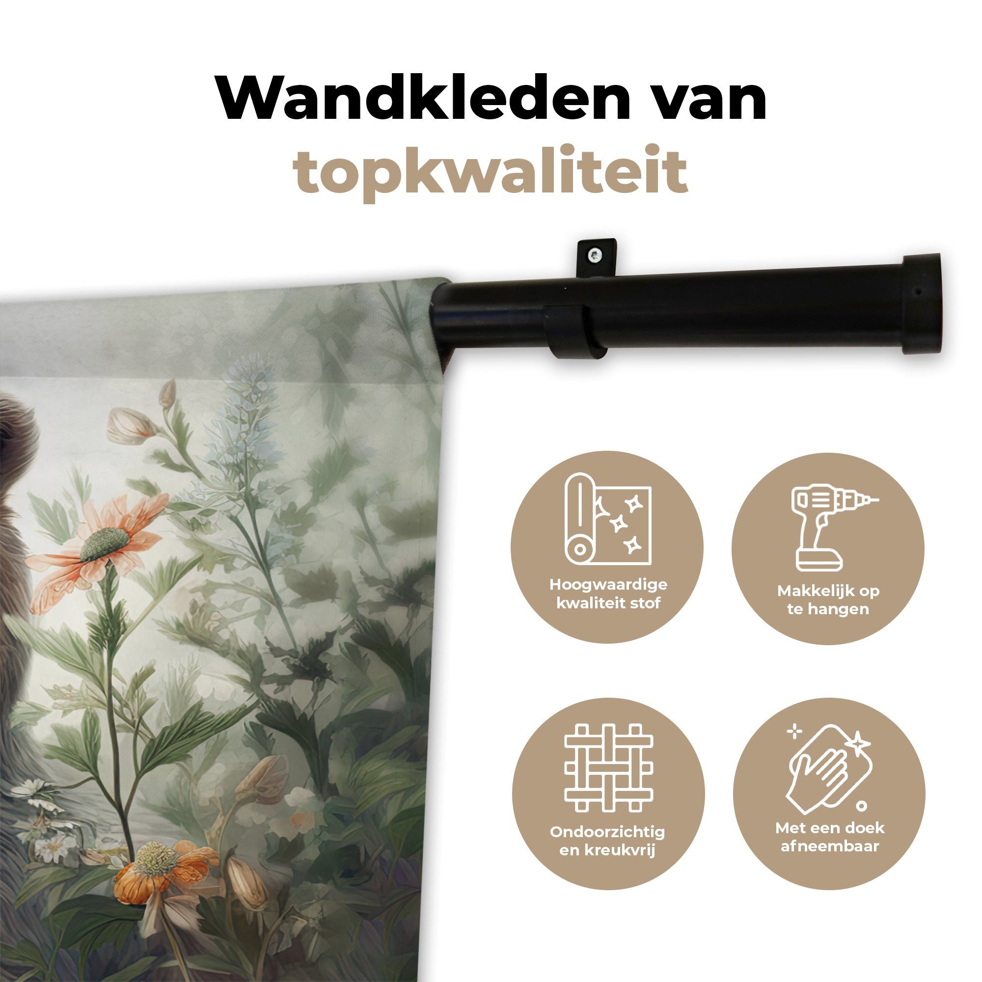 Wanddeko Wildtiere Blumen Wanddekoobjekt für Wandbehang, Kinderzimmer - Pflanzen, - MuchoWow Schlafzimmer, Braunbär Kleid, - Wohnzimmer,