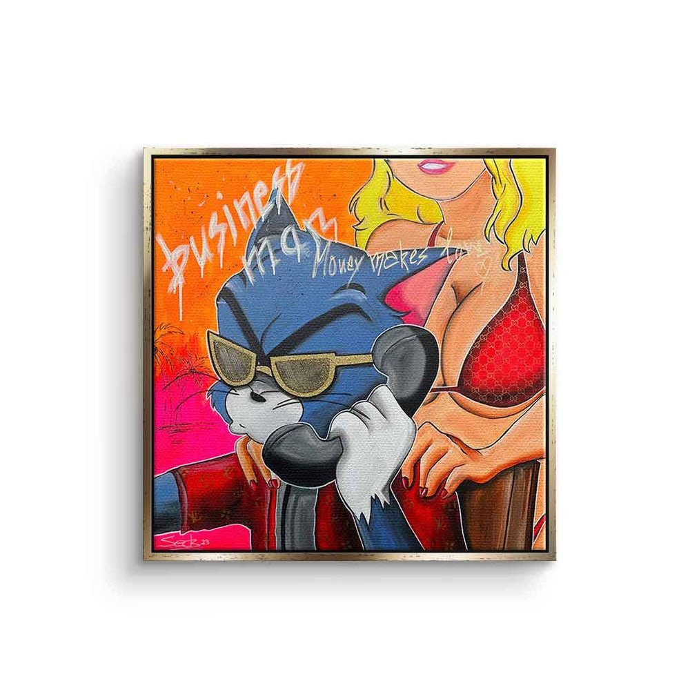 DOTCOMCANVAS® Leinwandbild Business Man, Leinwandbild Tom und Jerry Business Man comic Pop Art quadratisch goldener Rahmen