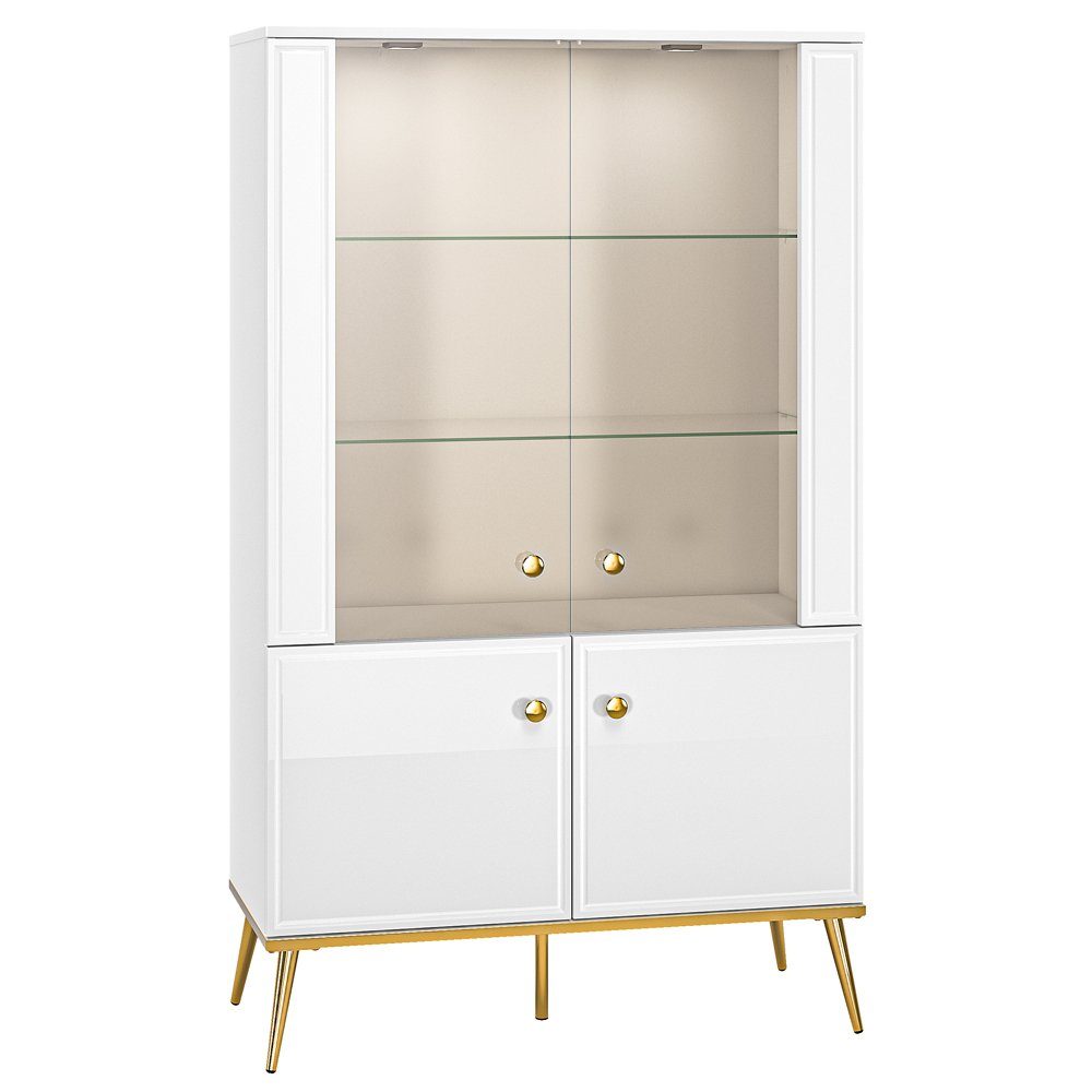 Lomadox Highboard GUBIN-131, weiß Hochglanz, goldfarbene Details, Vitrine m günstig online kaufen