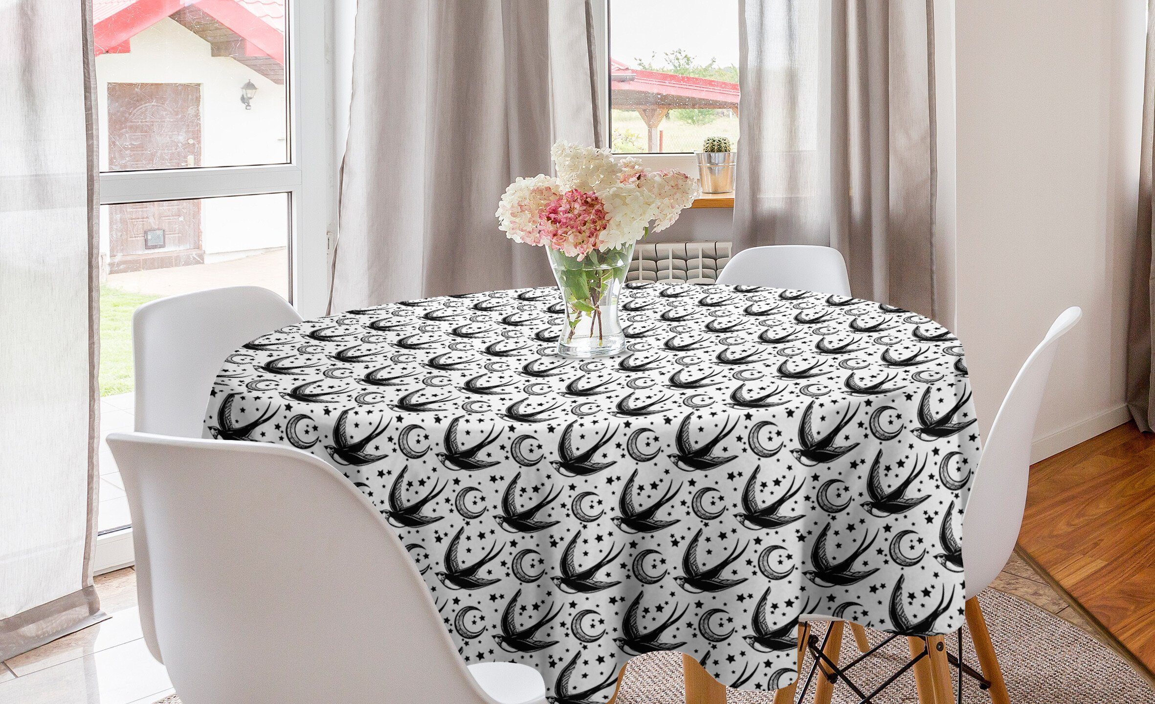 Abakuhaus Küche Tischdecke Esszimmer Sterne Fliegen Dekoration, Abdeckung Tischdecke Schwalben für Kreis Mond