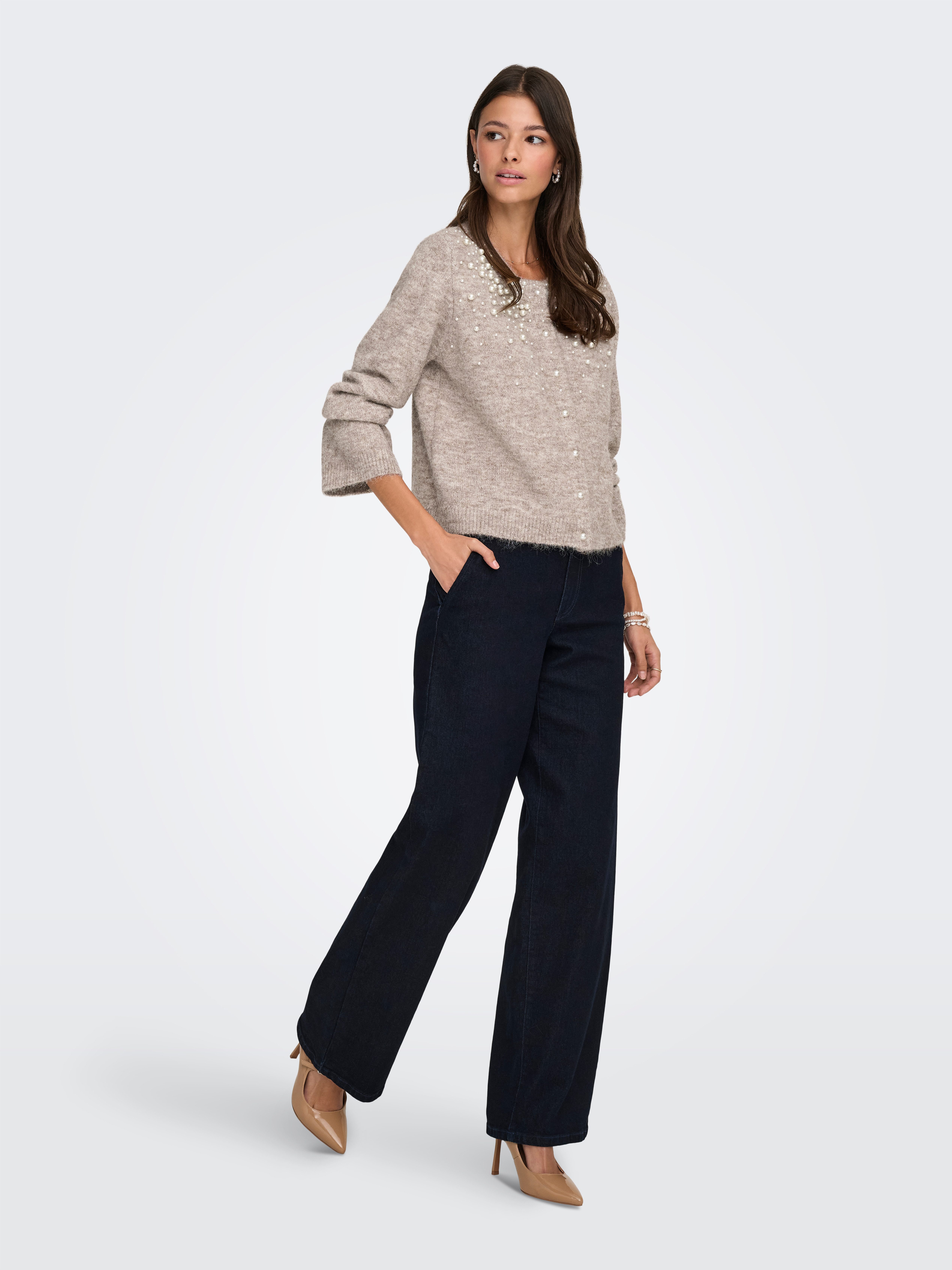 ONLY Strickjacke ONLMIGGIE LS O-NECK PEARL CARDIGA EX KNT Materialmix, regular fit