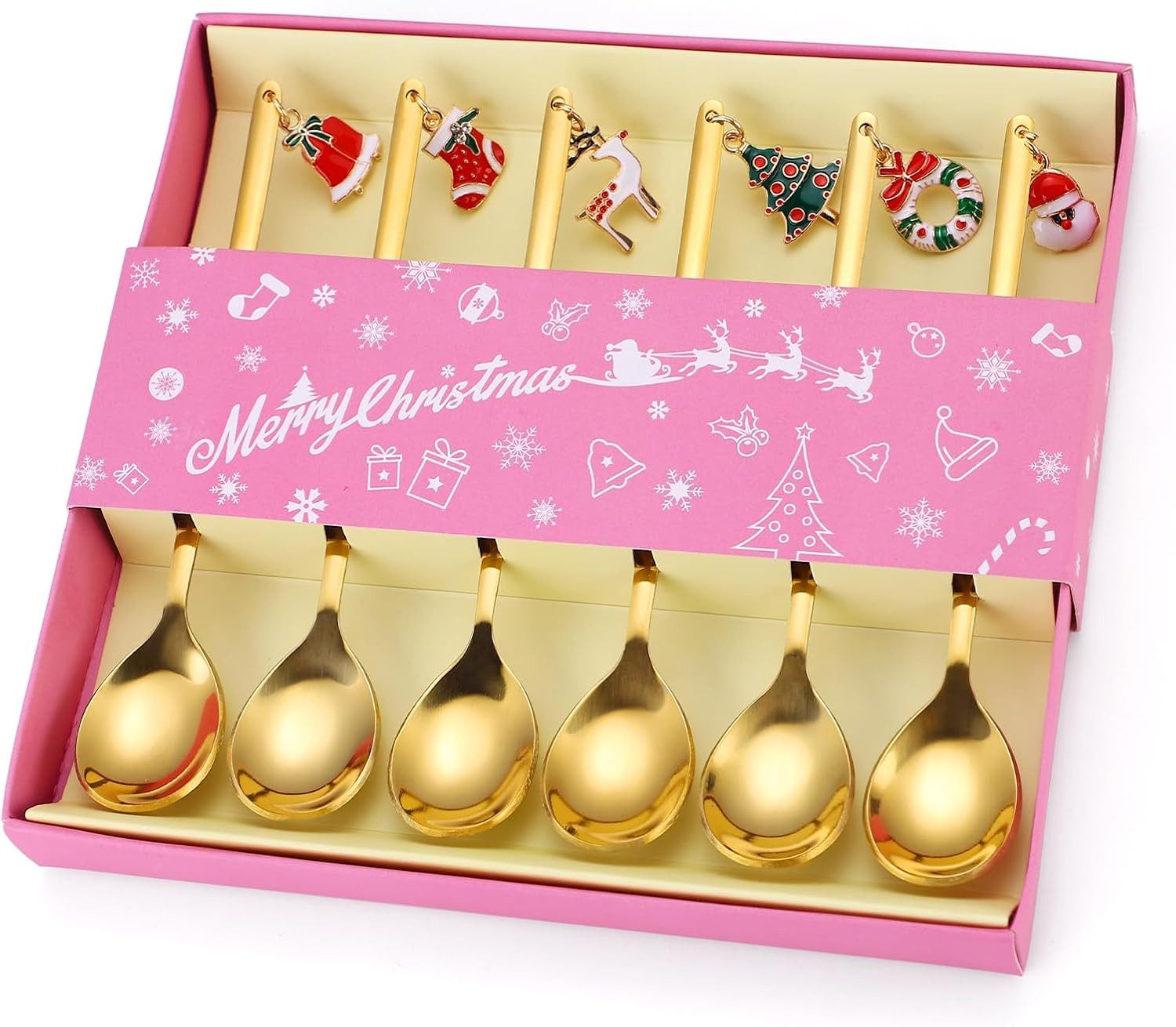 Coonoor Geschirr-Set 6 Stück Edelstahl Weihnachtslöffel Weihnachten Dessertlöffel Teelöffel, Enthält Anhänger: Weihnachtsbaum, Rentier, Weihnachtsmann und Glocke
