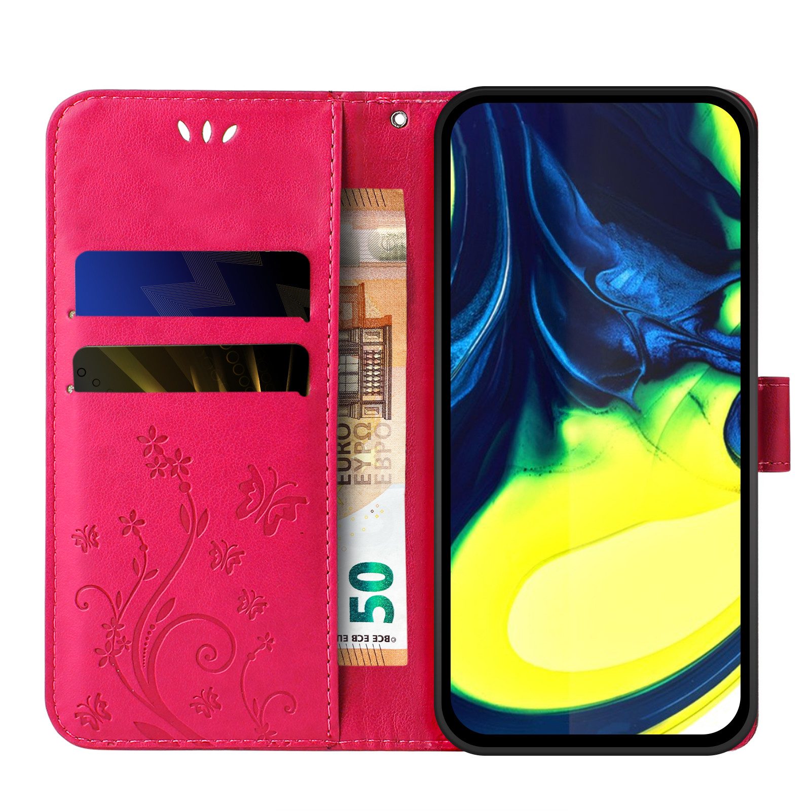 Tec-Expert Handyhülle Cover Tasche Hülle für Samsung Galaxy A80 6,7 Zoll, Klapphülle Case mit Kartenfach Fliphülle aufstellbar, Motiv Blumen