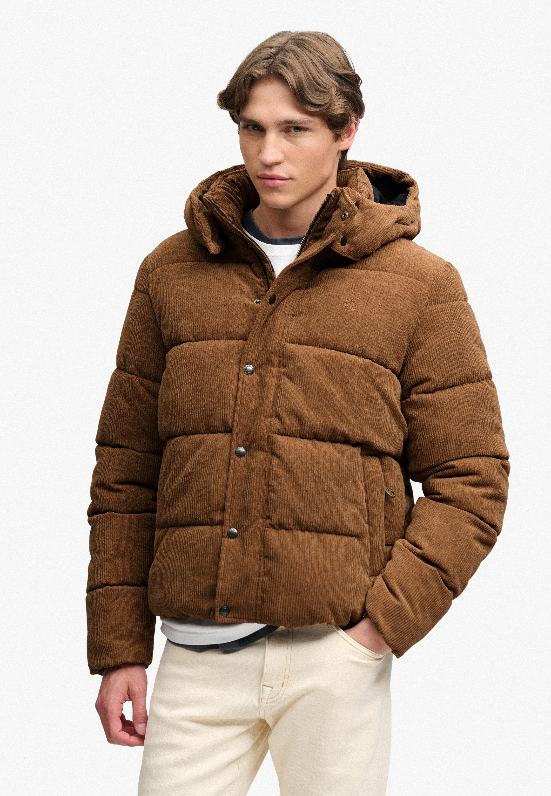 Superdry Steppjacke PREMIUM HOOD CORD PUFFER JKT Kunstfaser, relaxed fit