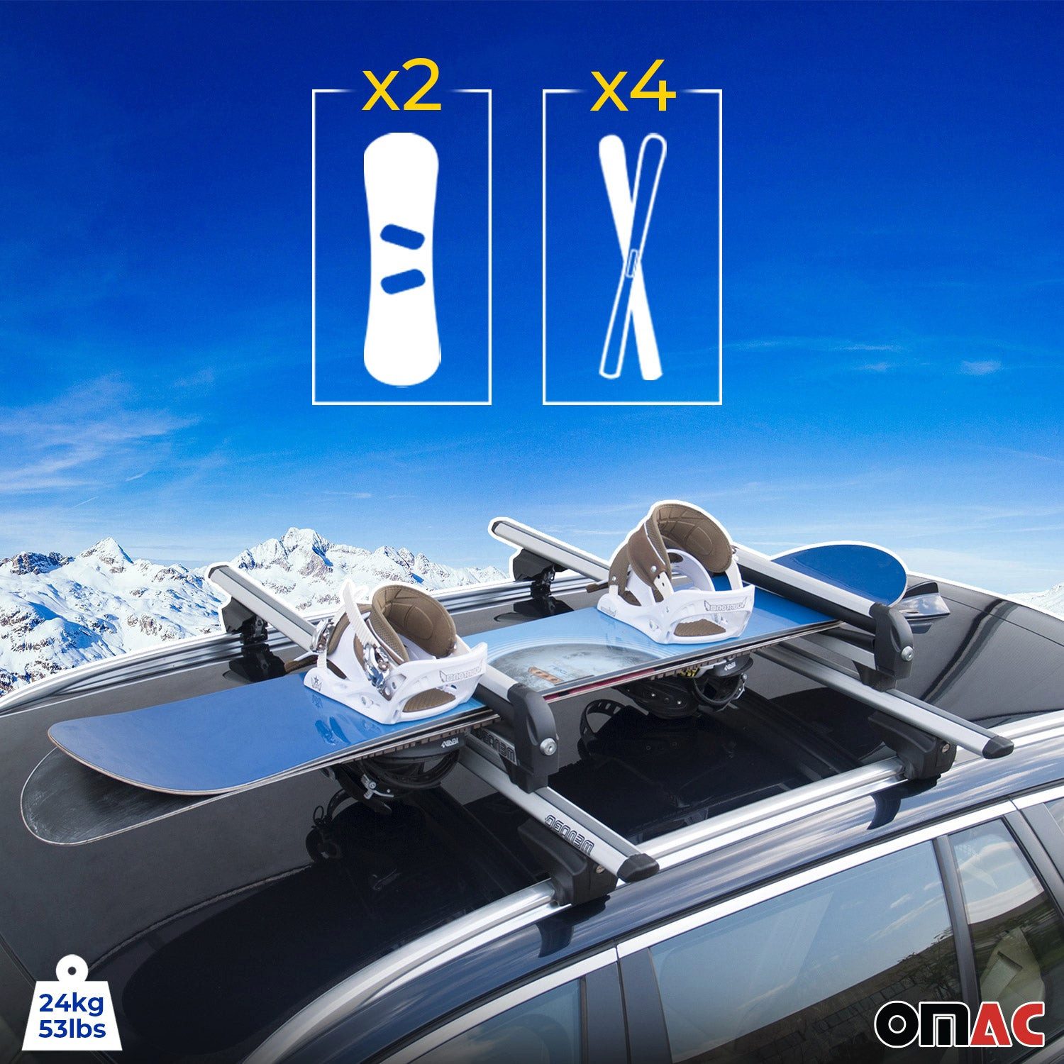 OMAC Dachträger Menabo Skiträger Snowboardträger Universal Abschließbar Schwarz 2x, Anti-Diebstahl-Schloss,Abnehmbar,Wasserdicht