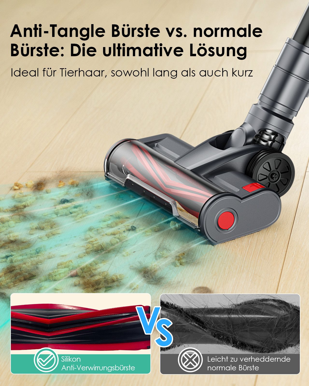 Nettlife Akku-Handstaubsauger Starke Saugkraft Kabellos 600W/48000pa Staubsauger A11 60 Min Laufzeit, 600,00 W, beutellos, Zyklon Anti-Tangle Technologie, geeignet für Hartholzböden Teppiche