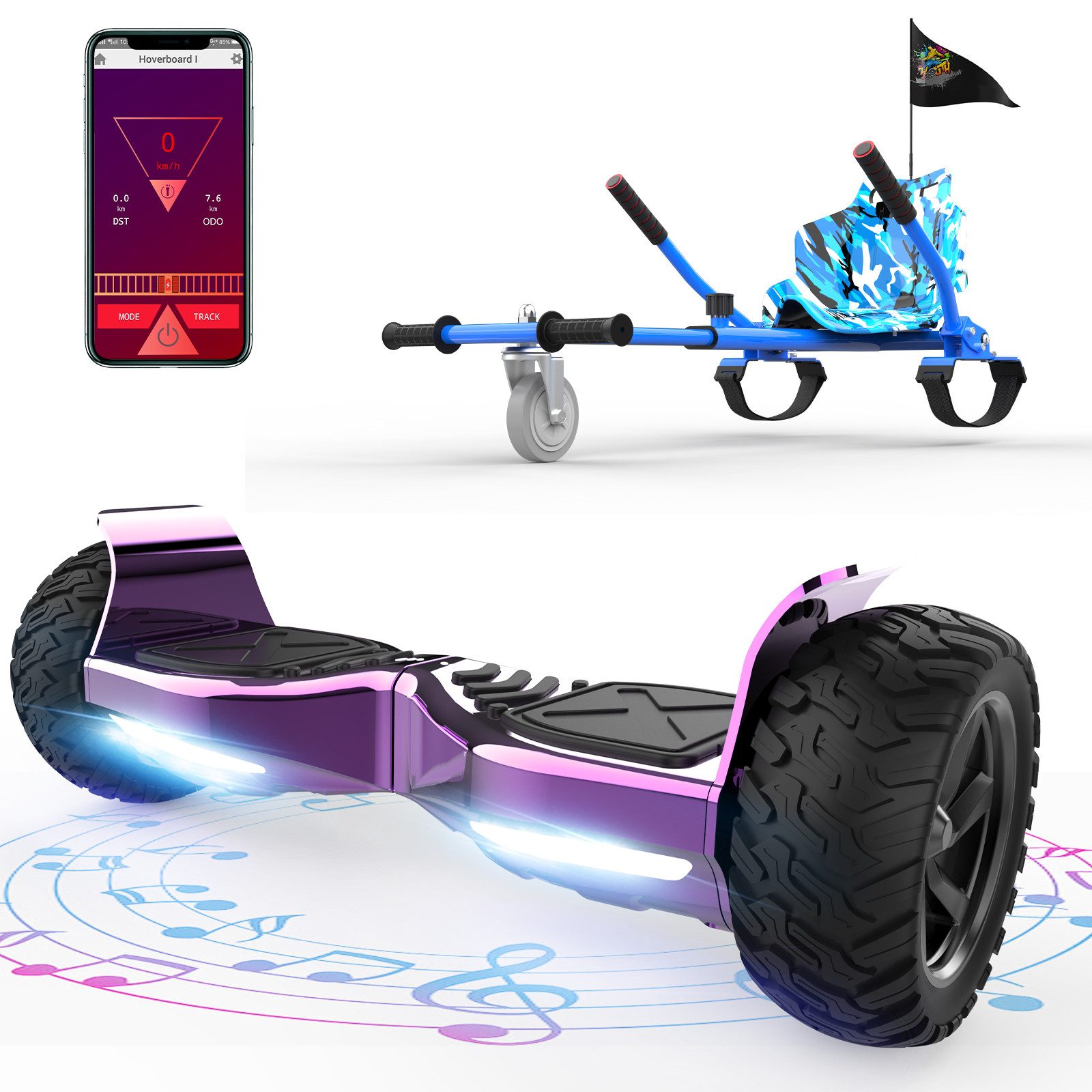 RCB TECH Balance Scooter Kart Set, 8,5'' Off-Road SUV Hoverboard mit Sitz, Go-Kart, APP, Bluetooth