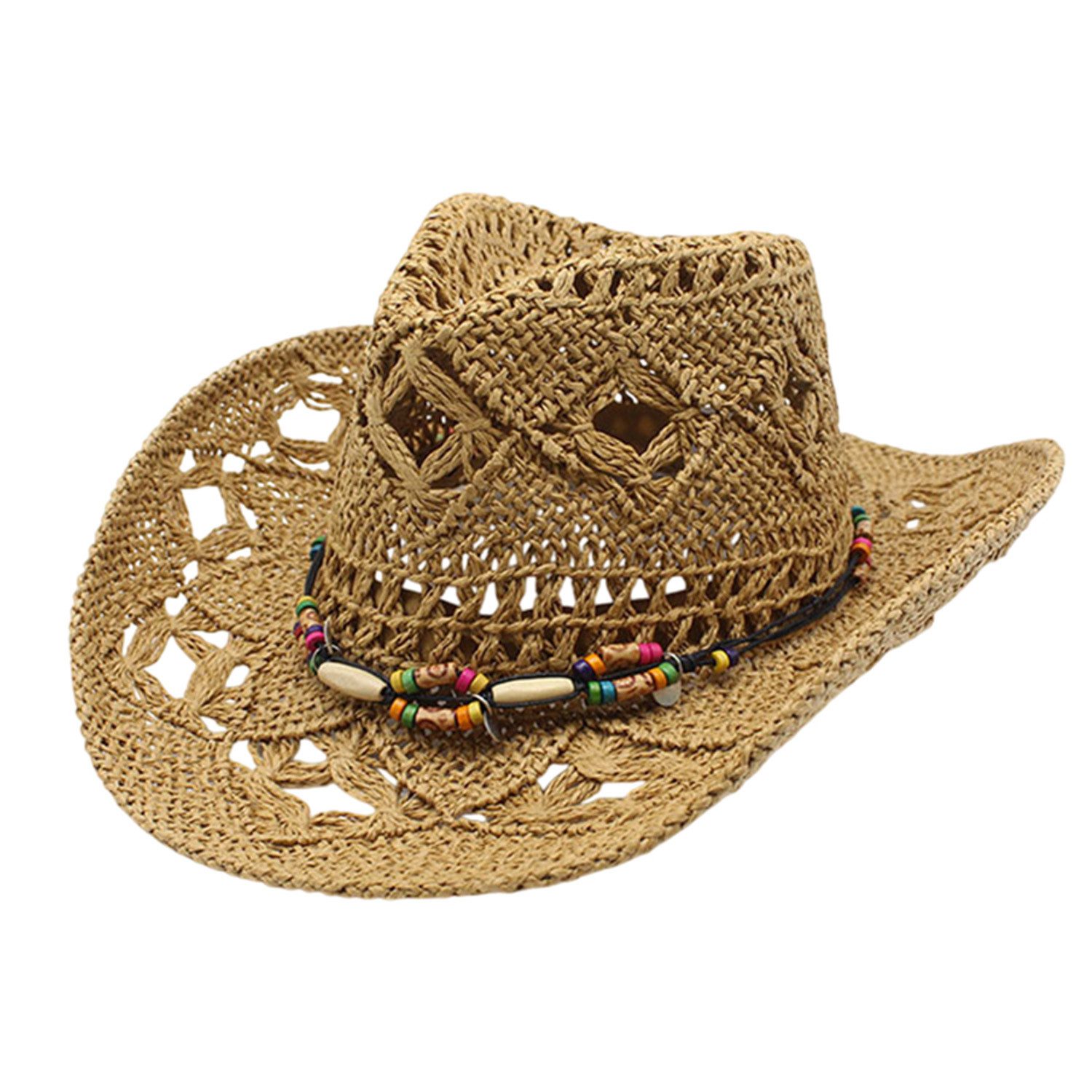 Strohhut Damen Sommer Ausgehöhlter Strandhut Herren Sonnenhut Cowboy Hut