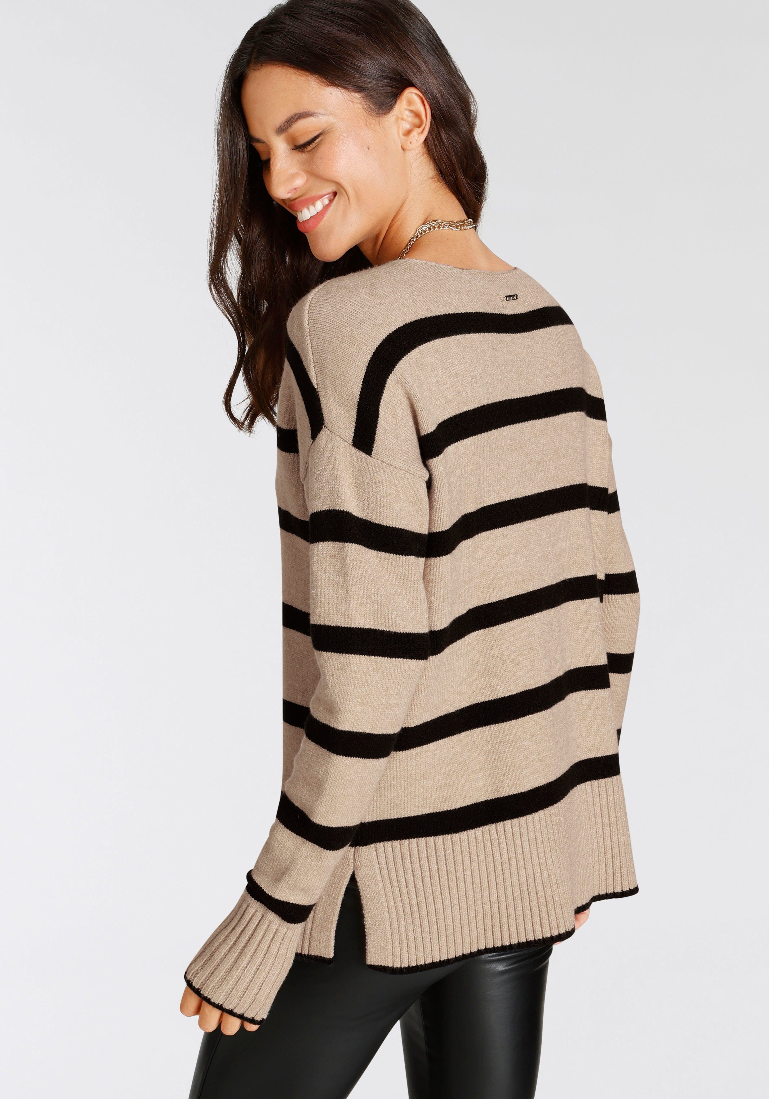 Laura Scott Streifenpullover softer Übergangsstrick mit V-Ausschnitt in lässiger Passform