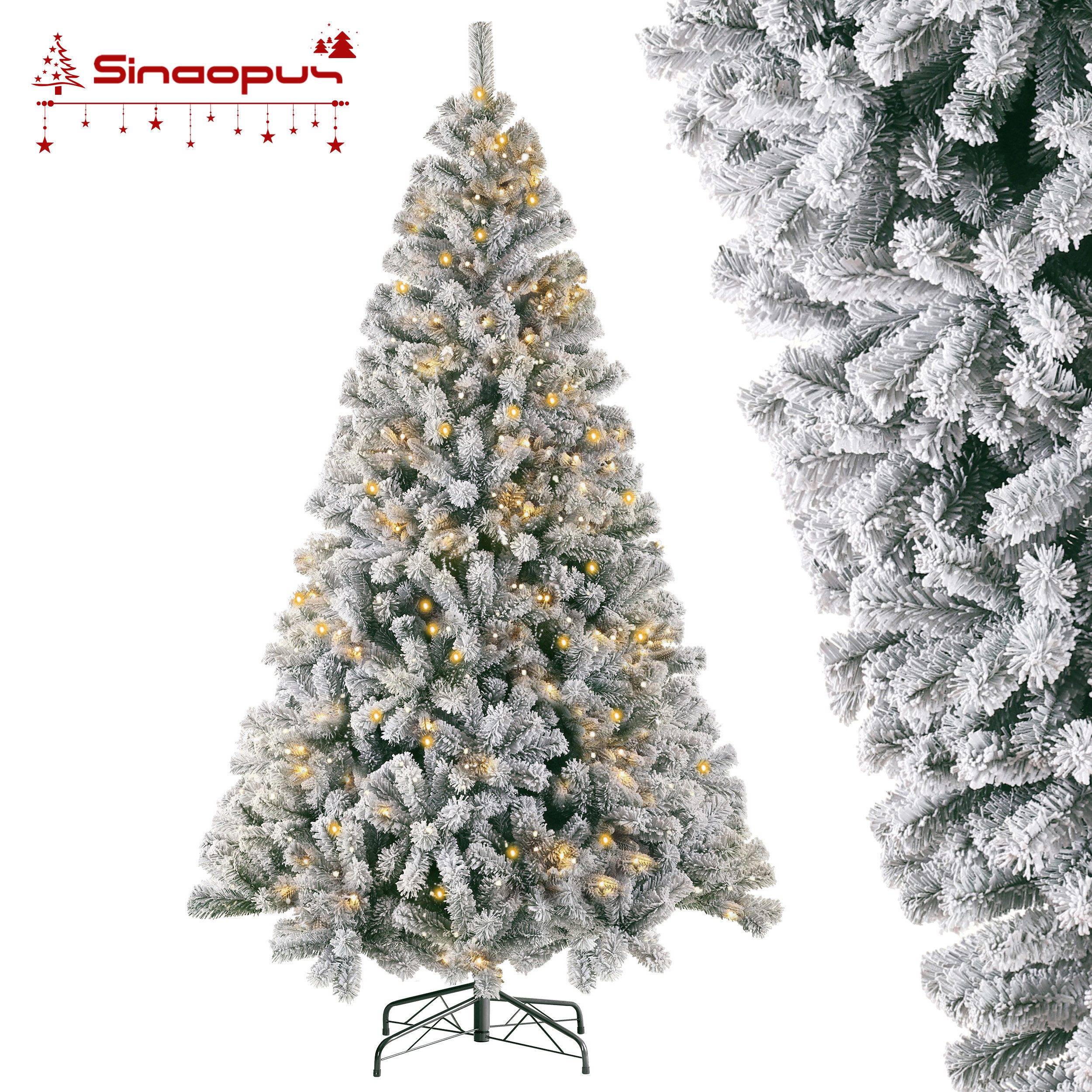 Sinaopus Künstlicher Weihnachtsbaum 180cm/210cm Tannenbaum, Christbaum aus PVC, Weihnachtsdeko, Tannenbaum künstlich, Weihnachtsbaum mit Beleuchtung, Künstlicher Tannenbaum mit Schnee, Premium Weihnachtsbaum naturgetreu, mit Metallständer