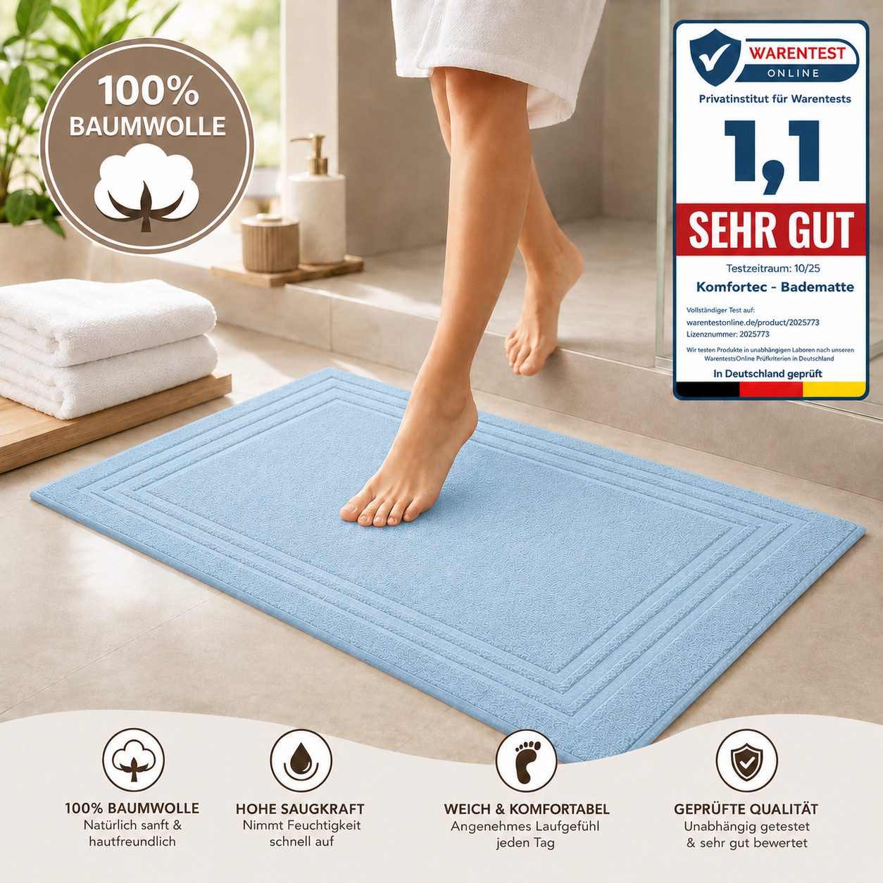 Komfortec Badematte 2er Badetuch Set aus 100% Baumwolle 50x70 cm Extra Weich & Saugstark, Rechteckig, 600 g/m² – Bild 4 von 5