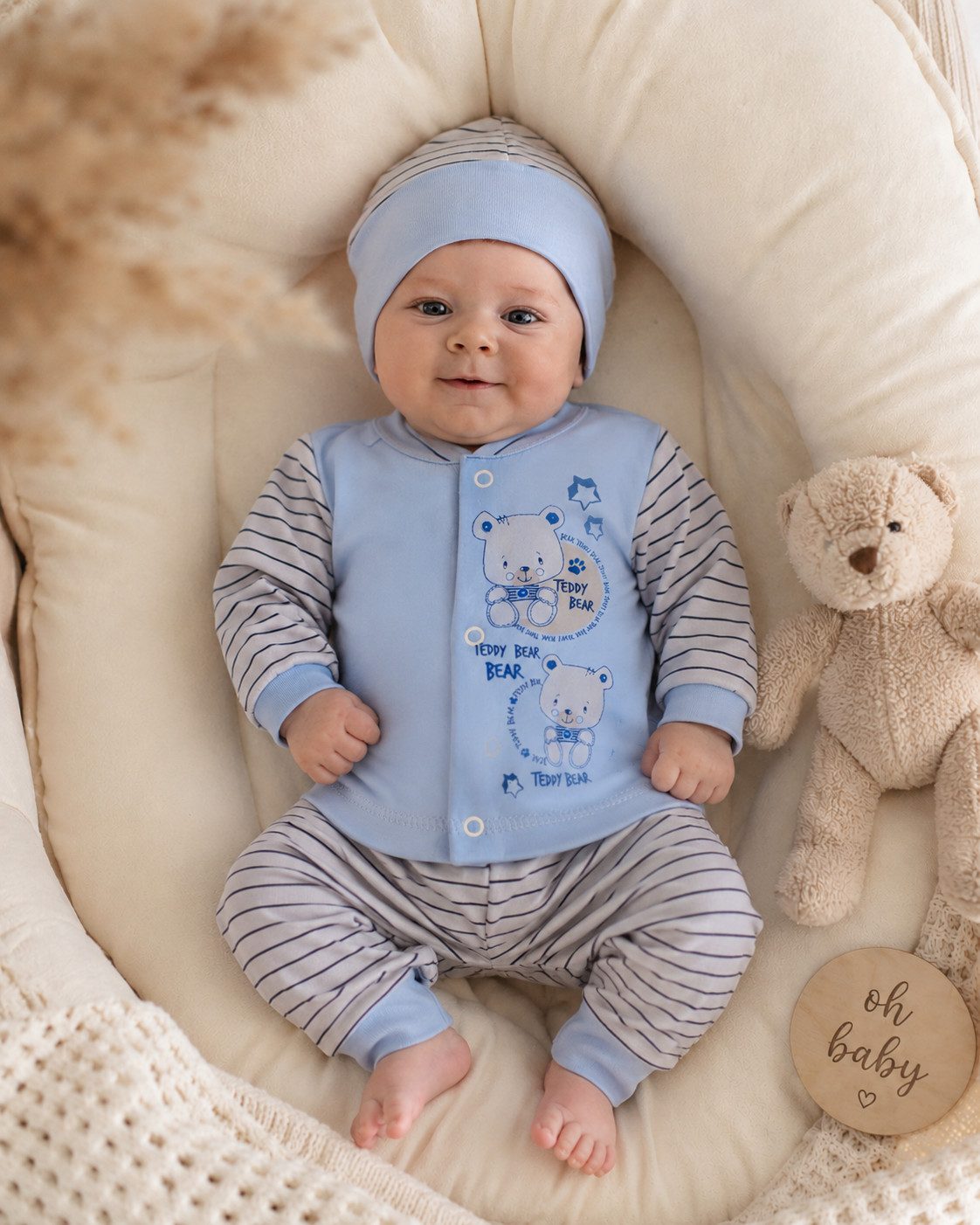 La Bortini Langarmshirt & Hose Baby Anzug Hemdchen Mitwachshose Mütze Blau gestreift Set (Erstlingsset für Jungen) für Neugeborene 44 50 56