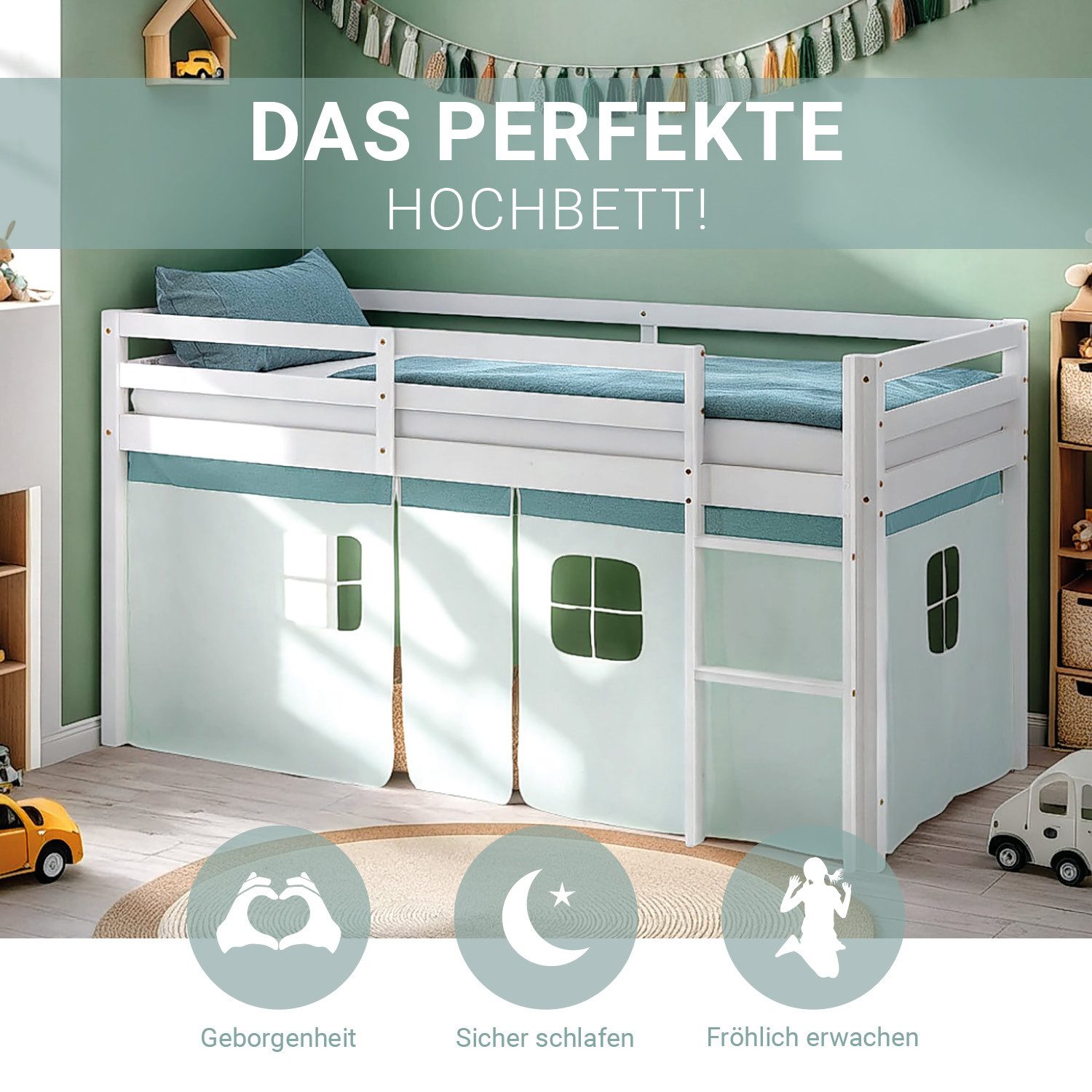 Homestyle4u Hochbett 90x200 Stockbett Vorhang Kinderbett Holz Kiefer Weiß G günstig online kaufen
