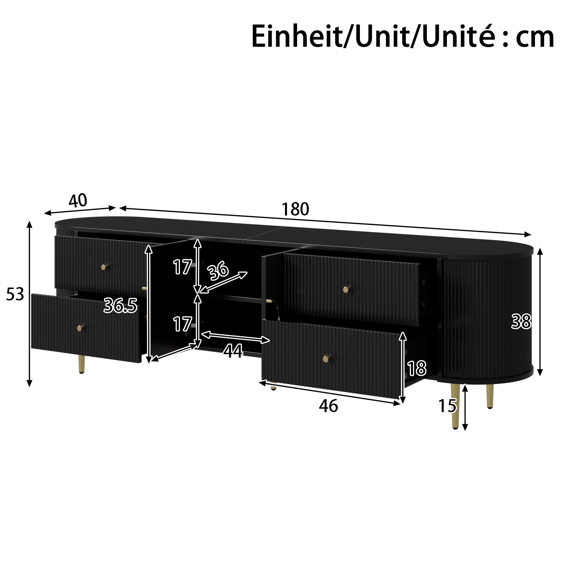 Merax Lowboard mit 3D Wellenfront & abgerundeten Kanten (180 x 40 x 38 cm, 1 St., TV Möbel mit Aluminiumgriffen & Kabeldurchlass), TV-Schrank mit 4 Schubladen,  – Bild 4 von 5