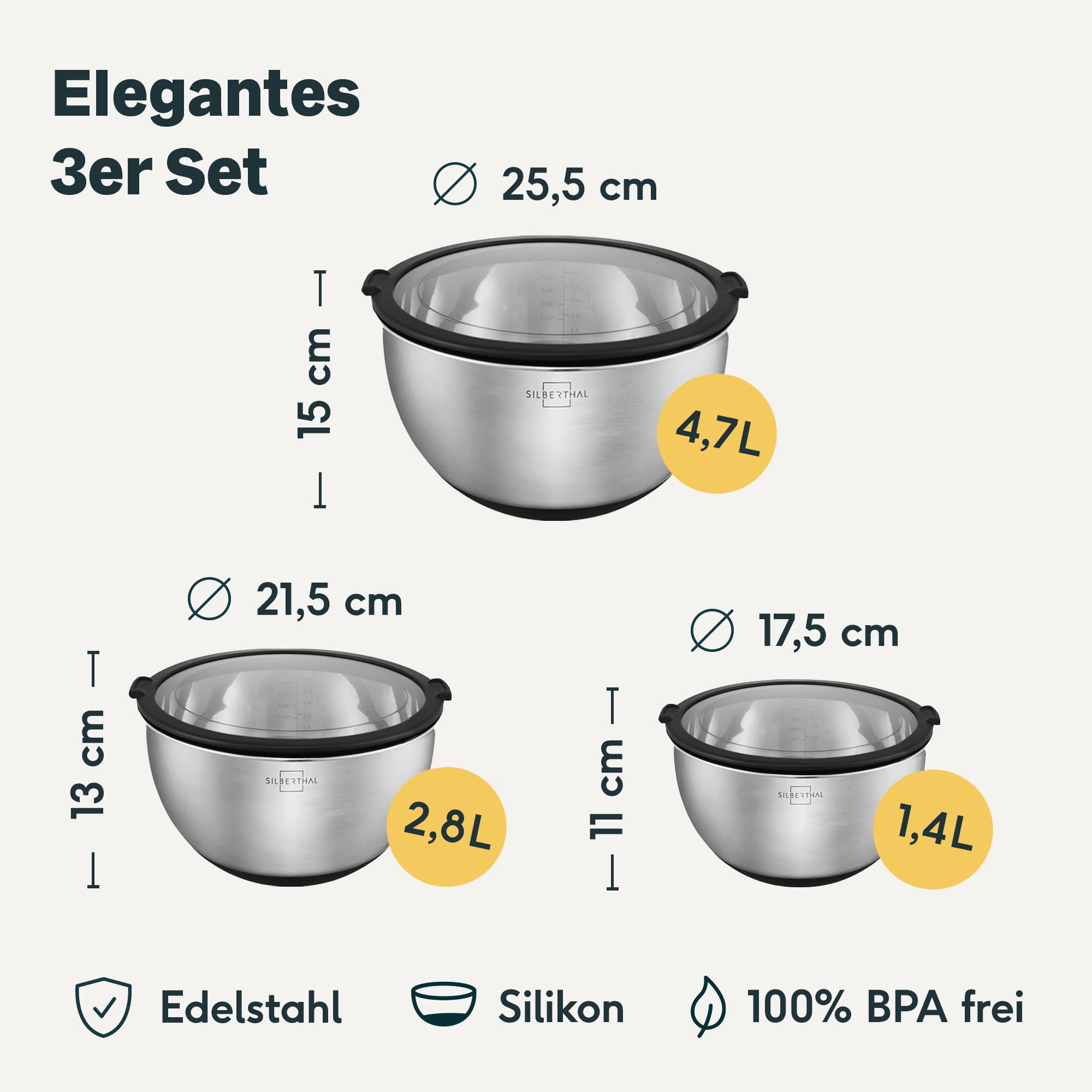 SILBERTHAL Rührschüssel Servierschale Salatschüssel 3er Set, Edelstahl, (3-tlg), Rutschfest dank Silikonboden, mit integrierter Skala