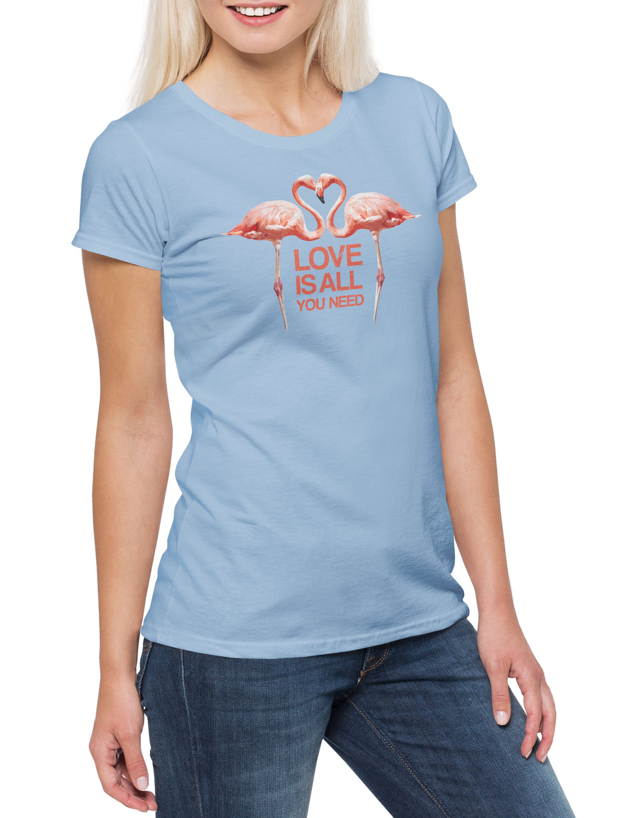 Print-Shirt Love Is All You Need Flamingos Damen T-Shirt Flamingo Herz Love Liebe