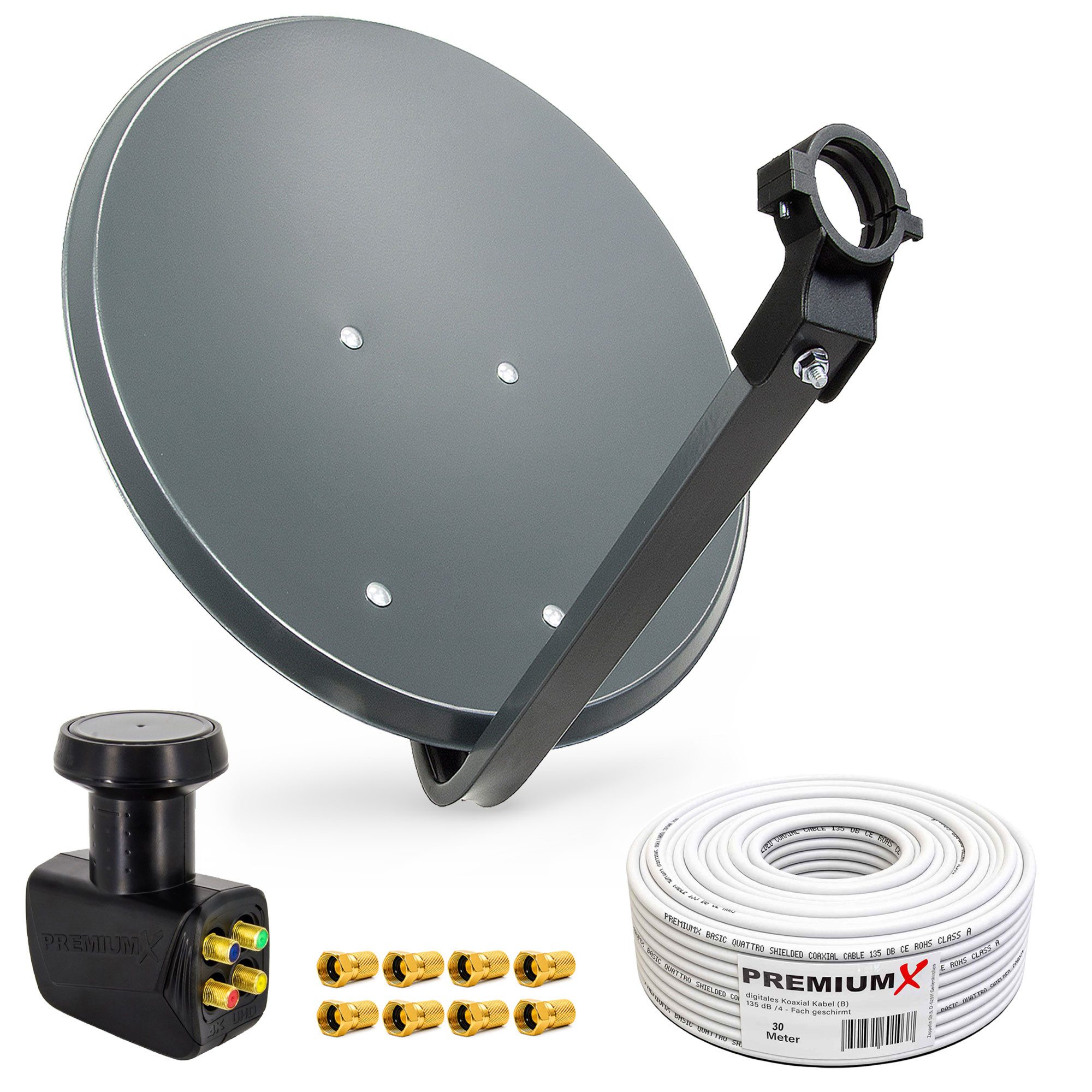 PremiumX SAT Anlage 80cm Antenne Quad LNB 30m Kabel 8x F-Stecker SAT-Antenne