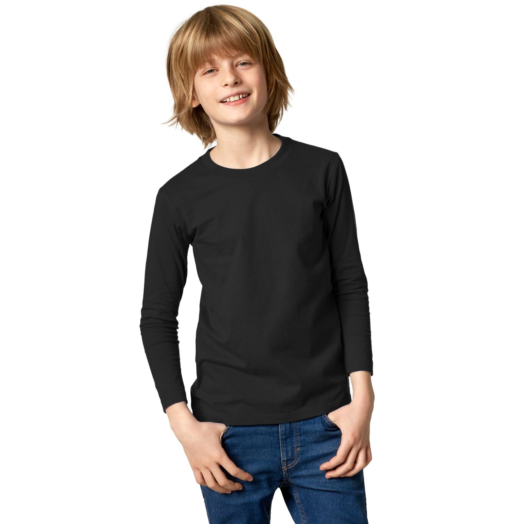 dressforfun Longsleeve Langarmtop, Für viele Outfits & Auftritte, Rundhals mit (Freizeitoberteil, Konfektionsgröße 104 (3-4 Jahre) in schwarz) Einfarbiges Langarm-Shirt für Kinder, Fester Stoff, hoher Tragekomfort