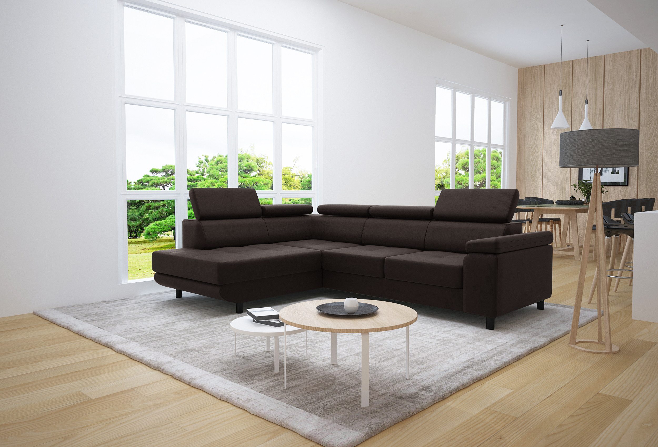 thematys Ecksofa LUNA L mit Schlaffunktion & Bettkasten – aus Velours oder Cord Stoff, mit 5 verstellbaren Kopfstützen, – L-Form 195×183 cm – Schlafsofa mit Auszug