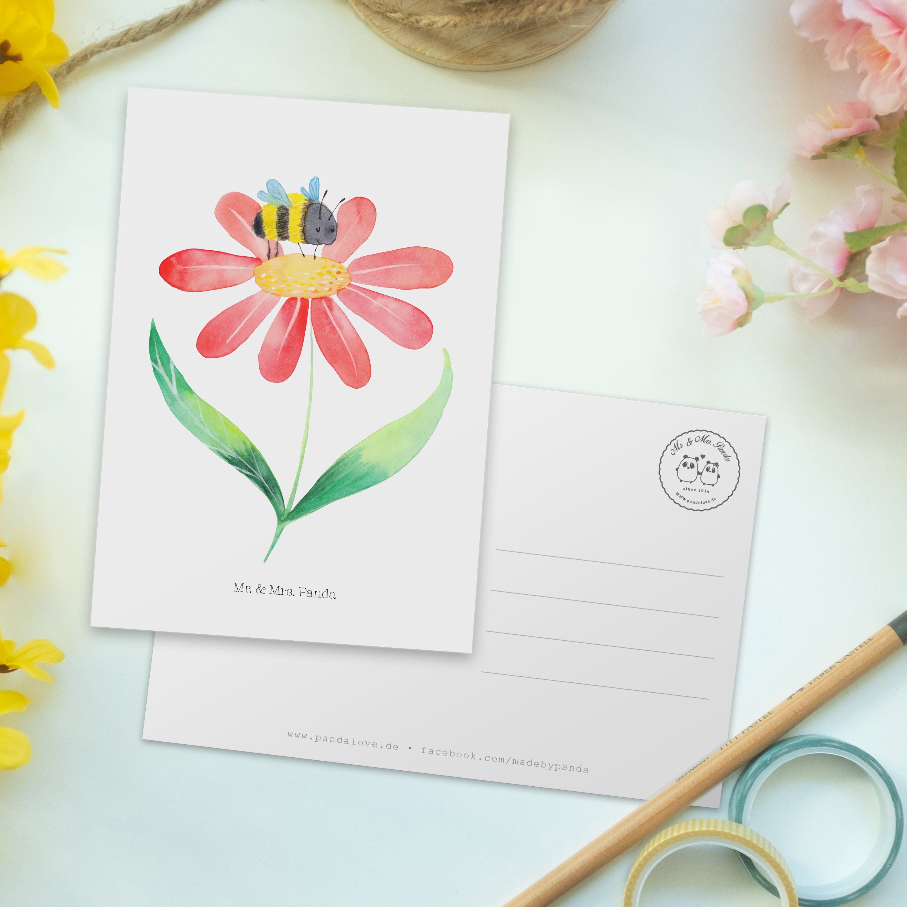 Mr. & Mrs. Panda Postkarte Hummel Blume - Weiß - Geschenk, Tiermotive, Gute Laune, Einladung, Na