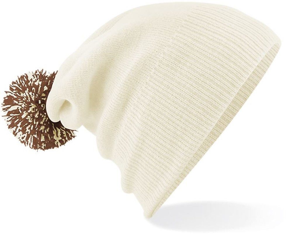 Pompon Goodman Mütze Duales Beanie Off Umschlag Design Pudelmütze Bommelmütze Strickmütze – White/Mocha Design als Slouch-Beanie mit oder