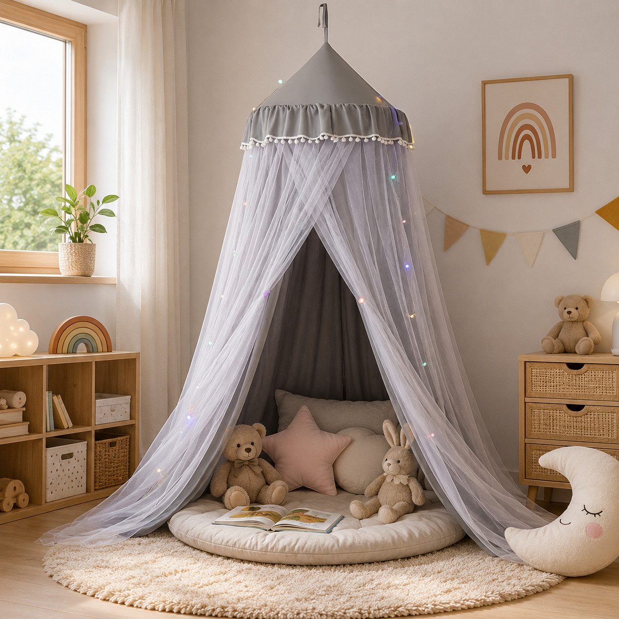 LMaxhome Himmelbett Doppellagiger, Betthimmel mit Moskitonetz, Lichtschutz für Kinder (1-tlg), 270 cm hoher Baldachin fürs Kinderzimmer, 65-cm-Ring, Deckenmontage