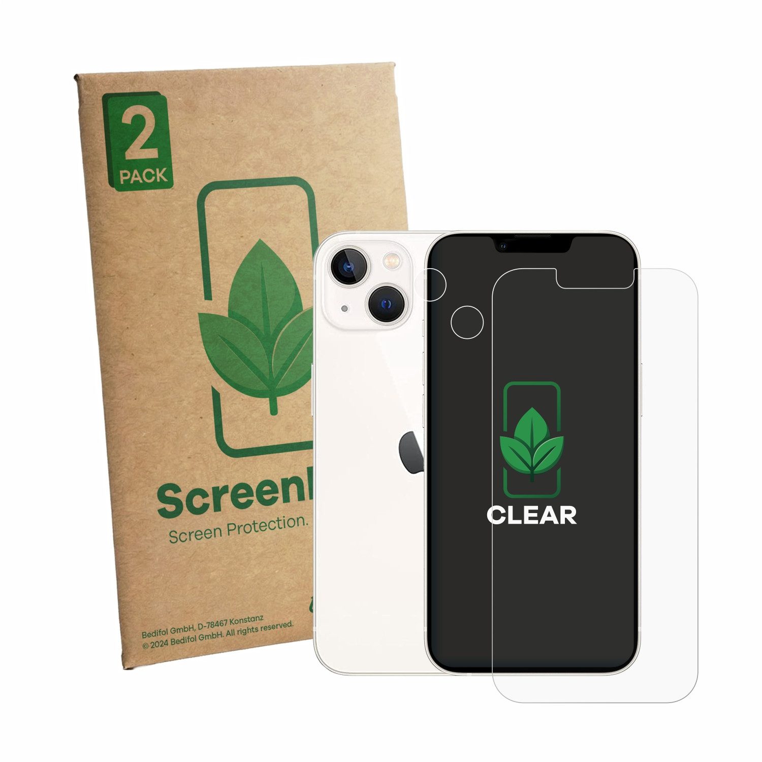 ScreenLeaf Displayschutzfolie Schutzfolie für Apple iPhone 13 (Display+Kamera), 2 Stück, Displayschutz Schutz Folie Klar Transparent