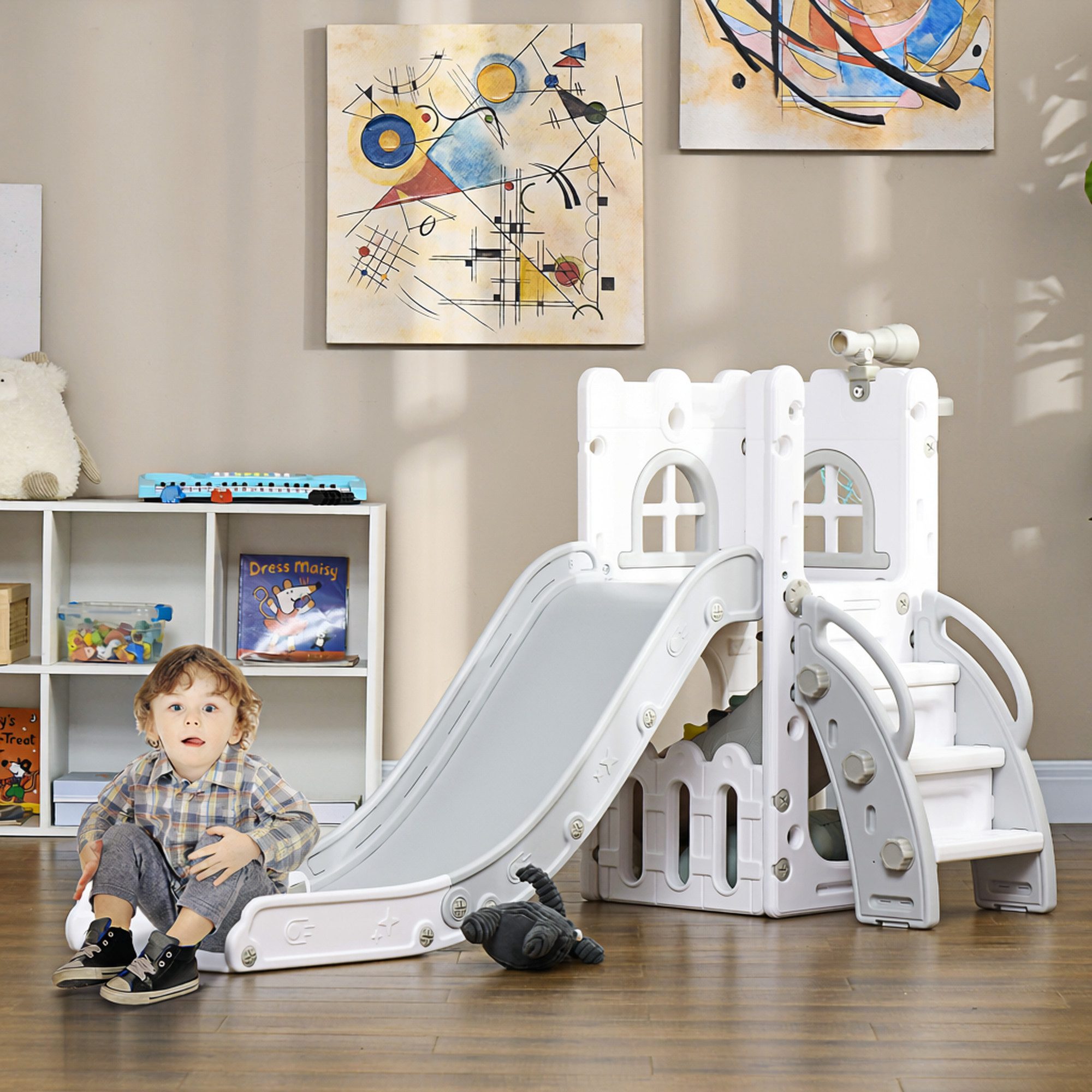 AIYAPLAY Rutsche Kinder 7-in-1 Klettergerüst mit Basketballkorb, (Gartenrutsche, 1-tlg., Babyrutsche), für Kinder 1-3 Jahre, Grau