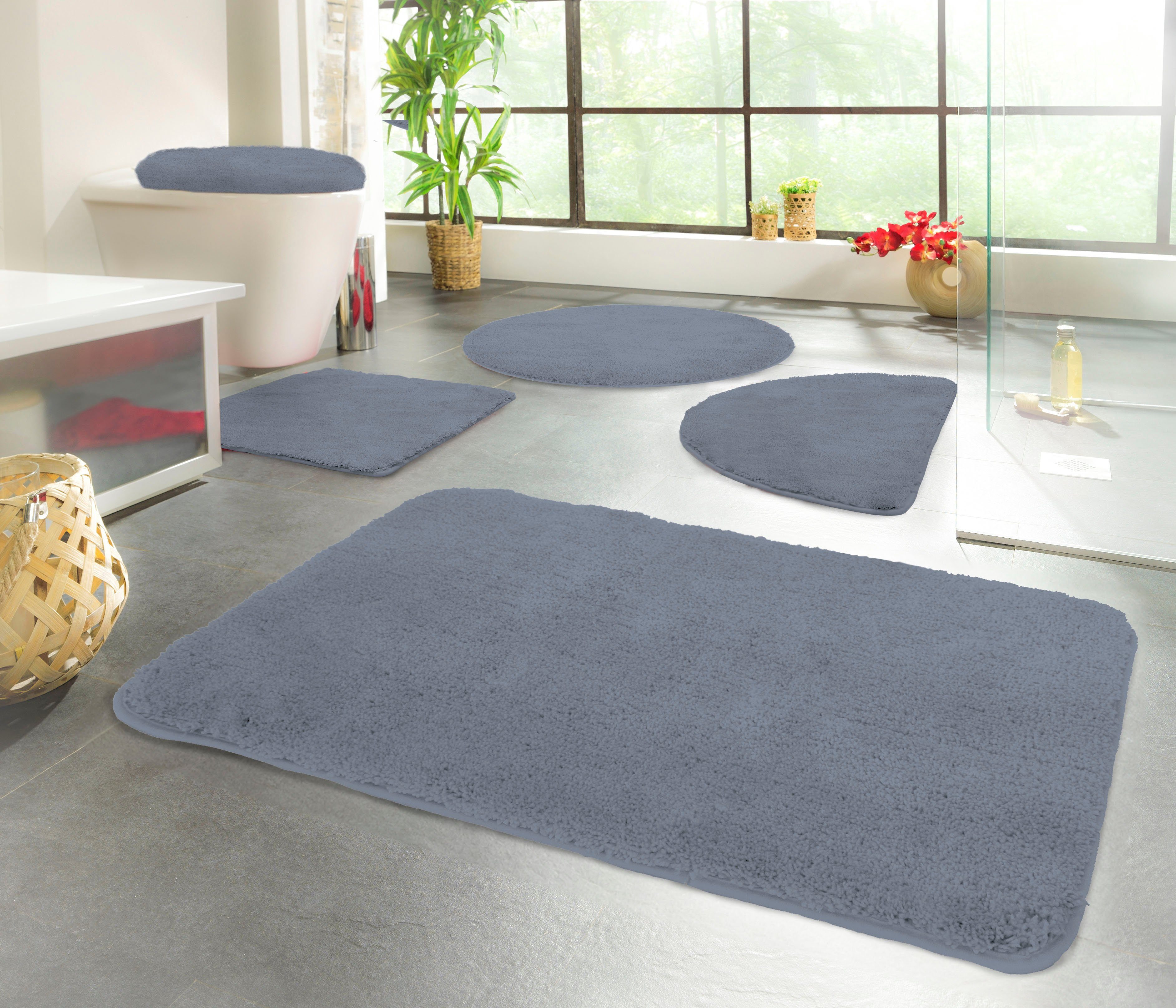 KiNZLER Badematte Chaozhou, Höhe 20 mm, rutschhemmend beschichtet, fußbodenheizungsgeeignet, Polyester, WC-Vorleger mit Ausschnitt, Badteppich, Uni Farben, weich, als rechteckig, rund & Set erhältlich