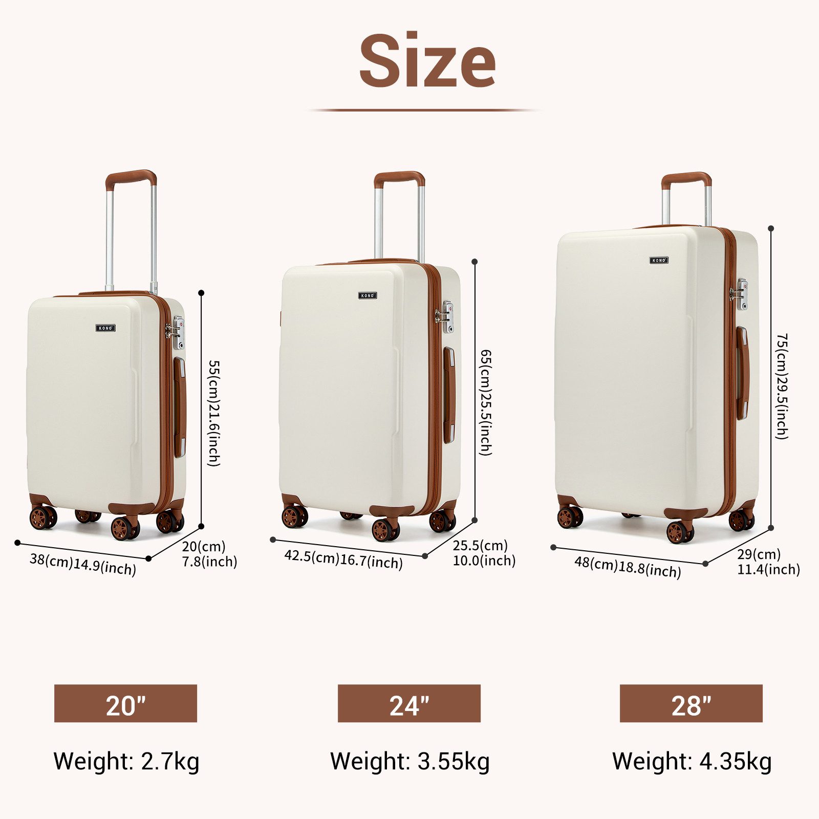 KONO Handgepäck-Trolley Koffer, PC + ABS Hartschale, TSA-Schloss, Doppel-Spinnräder