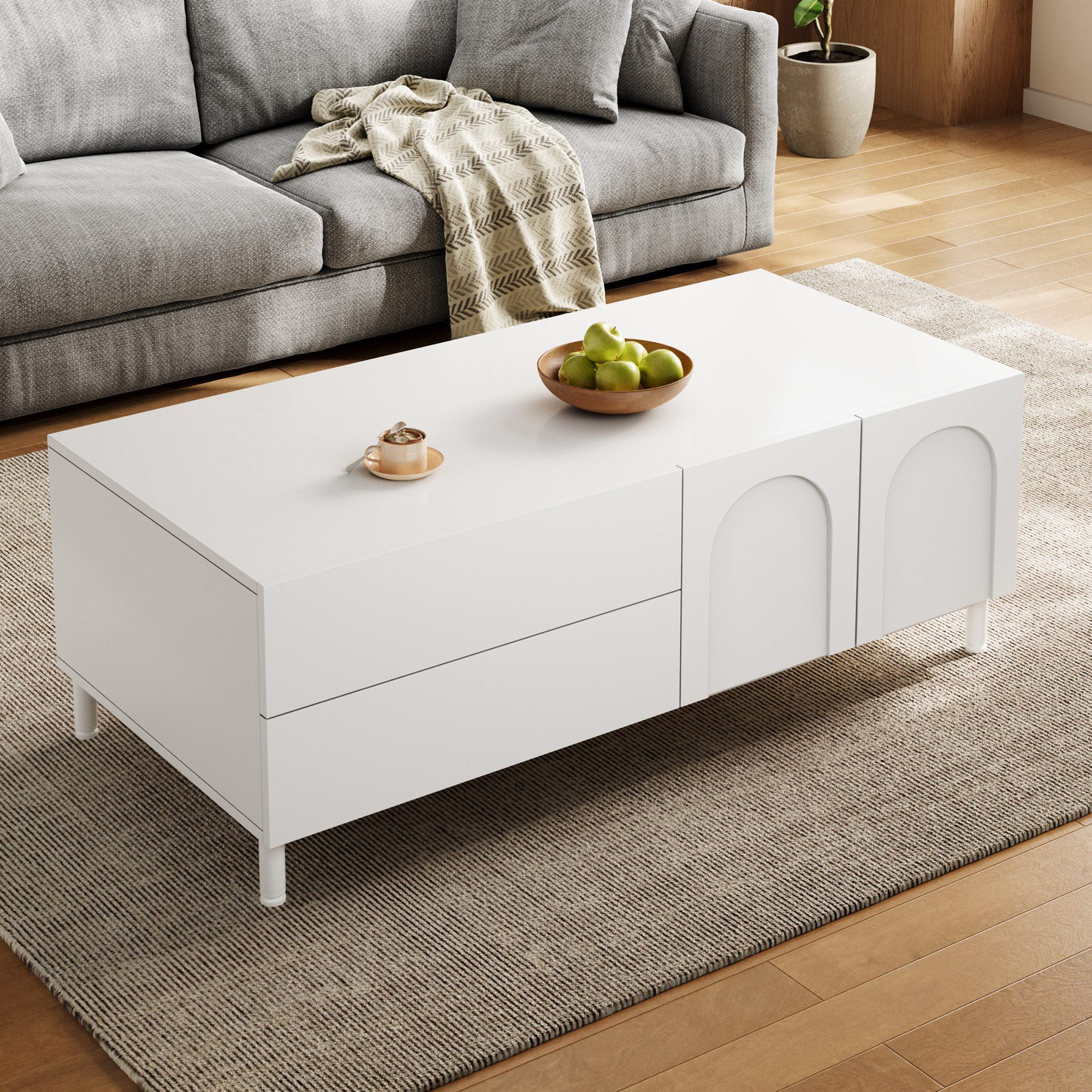 Merax Couchtisch mit 2 Schubladen, 2 Türen & Stahlrohr-Füßen (Beistelltisch Aufbewahrungstisch, 1-St., 100 L x 50 B x 39,5 H cm), Wohnzimmertisch mit Bogen-Design, Sofatisch mit Stauraum