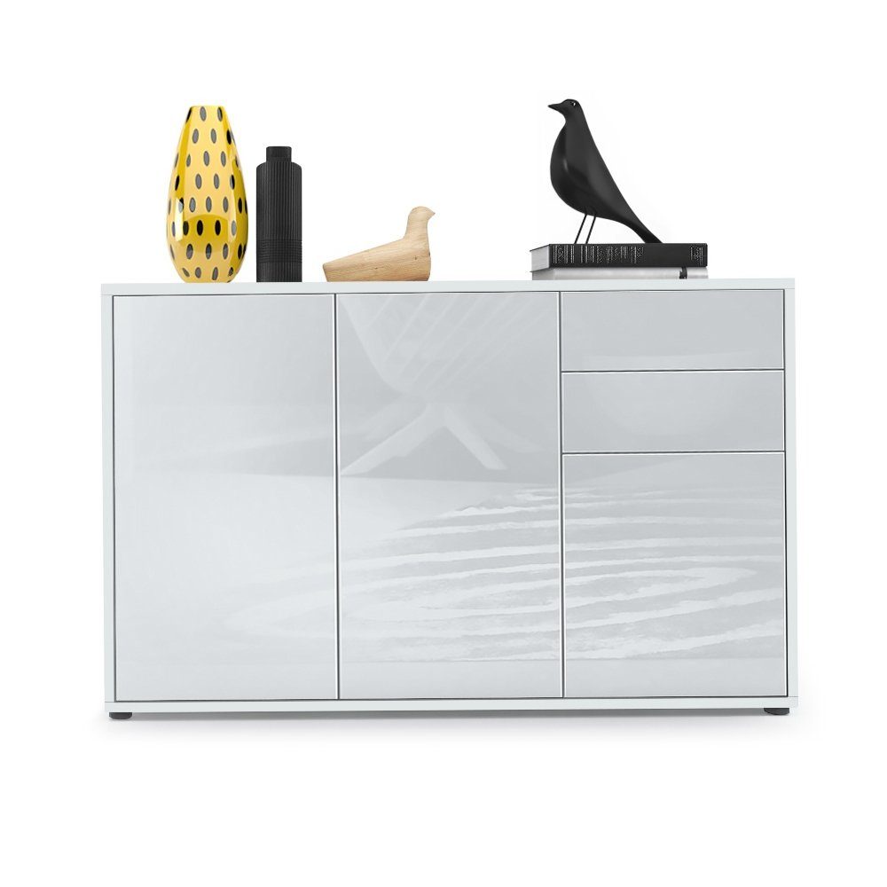 Vladon Kommode Ben V3 (Kommode, mit 3 Türen und 2 Schubladen), Weiß matt/Weiß Hochglanz (117 x 74 x 36 cm)