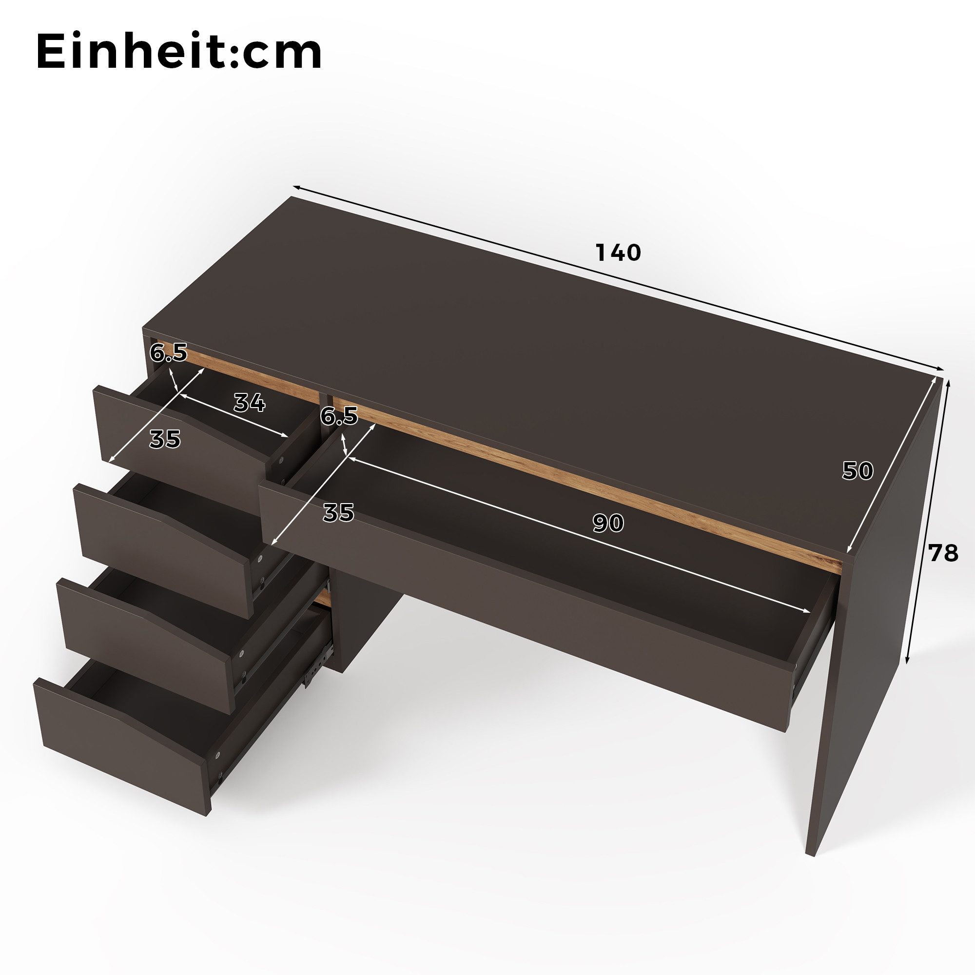Flieks Schreibtisch Computertisch Arbeitstisch Bürotisch (140x50x78 cm, 1-St., 1 Tisch), rechteckiger Multifunktionstisch mit 5 Schubladen Dunkelgrau – Bild 4 von 5