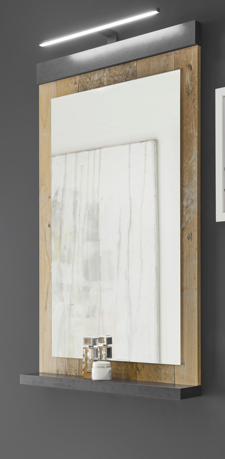 66 Furn.Design Badspiegel 95 (Wandspiegel x Ablage mit Beleuchtung Wood), wahlweise Stove cm, LED Used mit