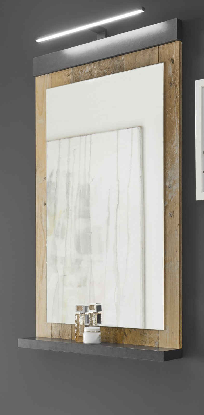Furn.Design Badspiegel Stove (Wandspiegel mit Ablage 66 x 95 cm, Used Wood), wahlweise mit LED Beleuchtung