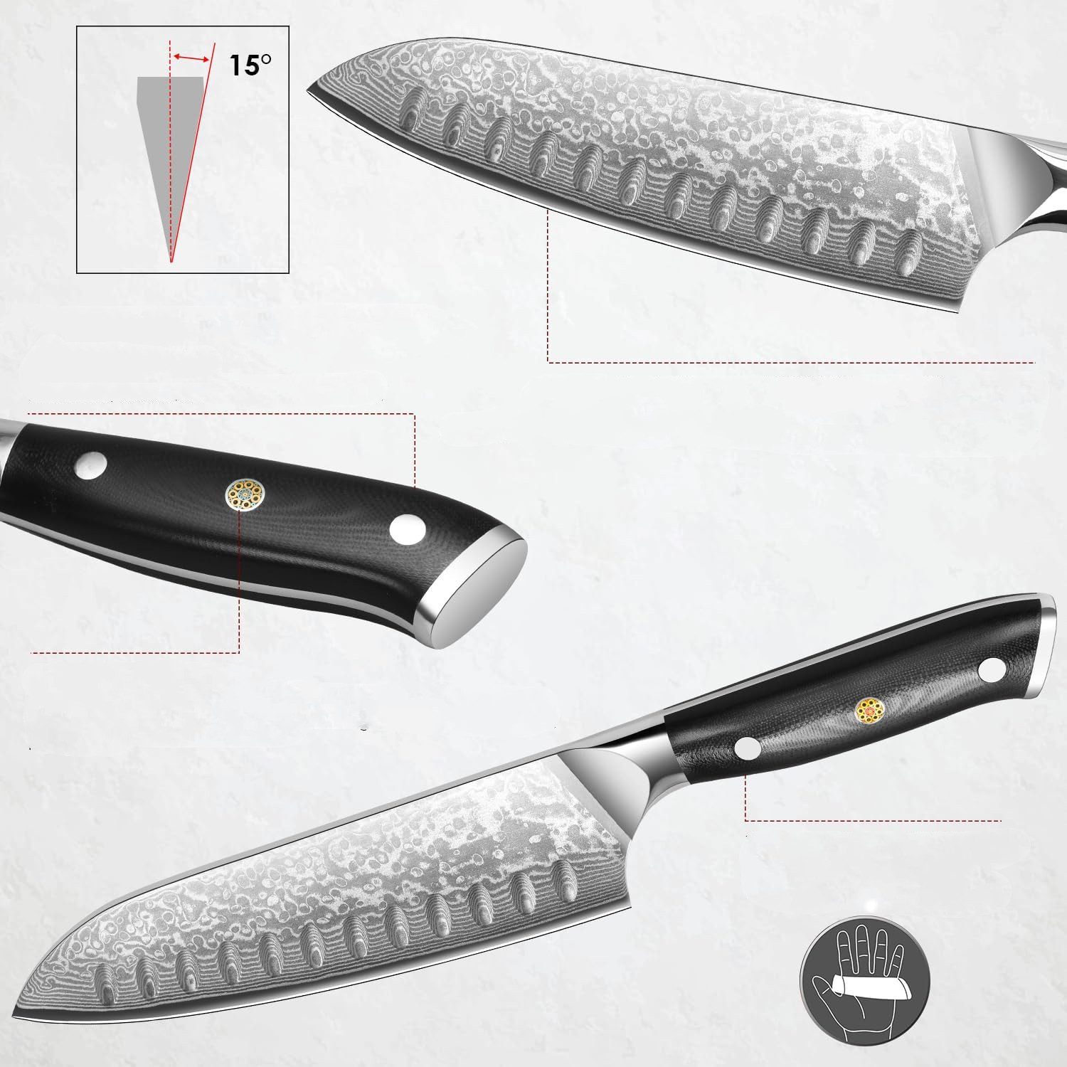 KEENZO Damastmesser Santokumesser 17cm Küchenmesser Damaszenerstahl G10 Griff