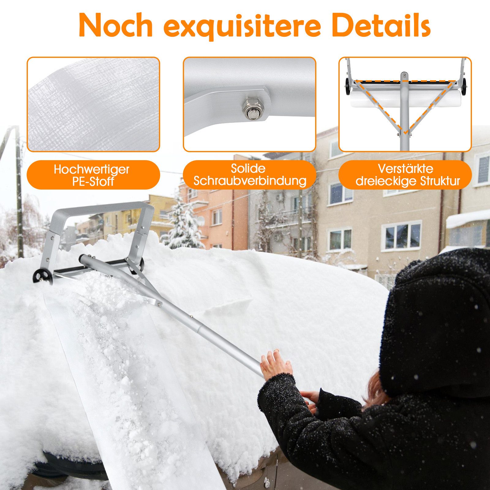 KOMFOTTEU Schneeschieber, Schnee Dachrechen mit Teleskopstiel, Rollen