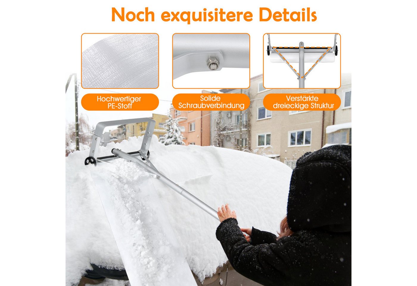 Thumbnail - KOMFOTTEU Schneeschieber, Schnee Dachrechen mit Teleskopstiel, Rollen