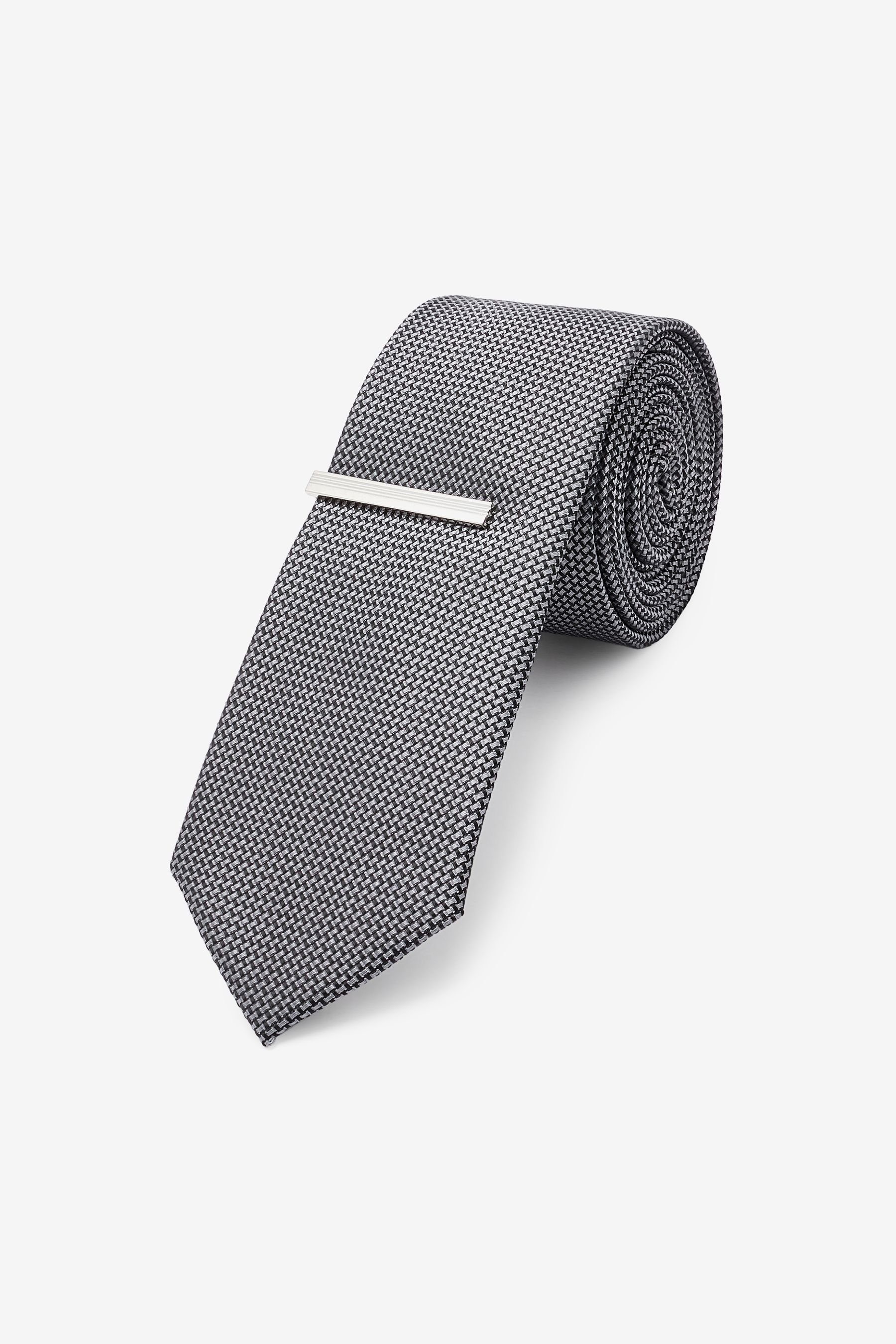 Next Krawatte Schmale Krawatte aus Recyclingpolyester + Klammer (2-St) Charcoal Grey