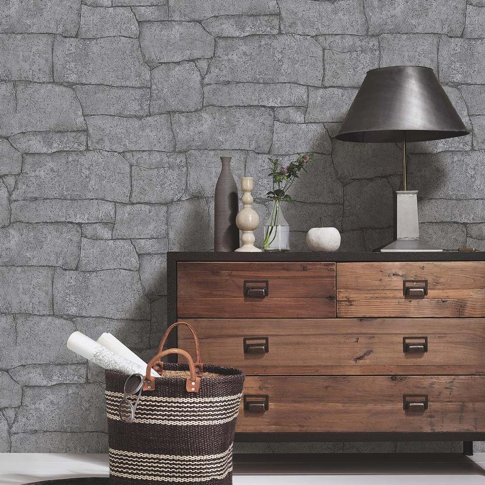 Erismann Vliestapete Steinmauer Optik 3D-Effekt Industrial Dunkelgrau 10297-47 Focus