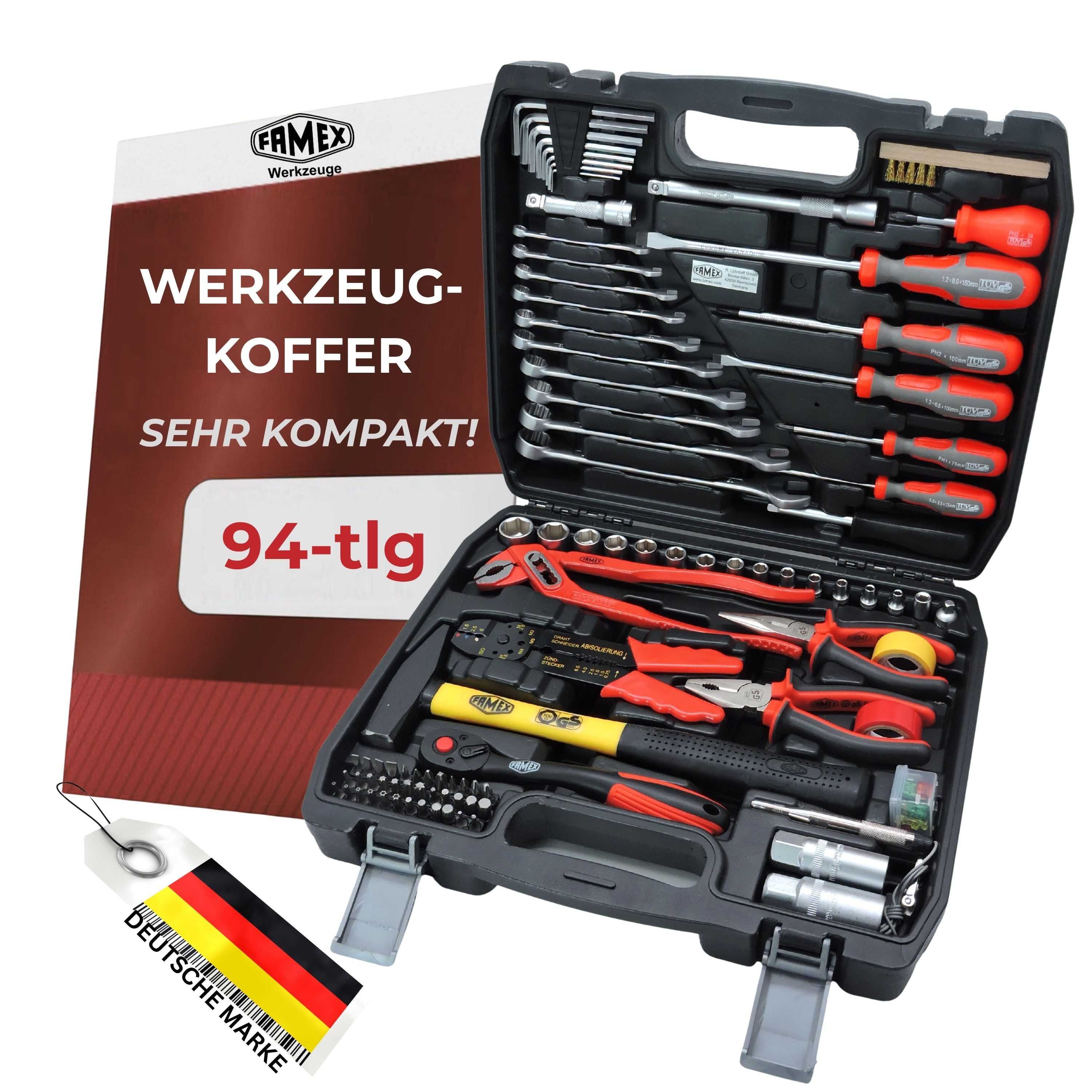FAMEX Werkzeugset 144-50 Werkzeugkoffer bestückt, (Werkzeugkasten, 89-tlg., Werkzeugkiste), Werkzeug Satz, CV Stahl, Auto
