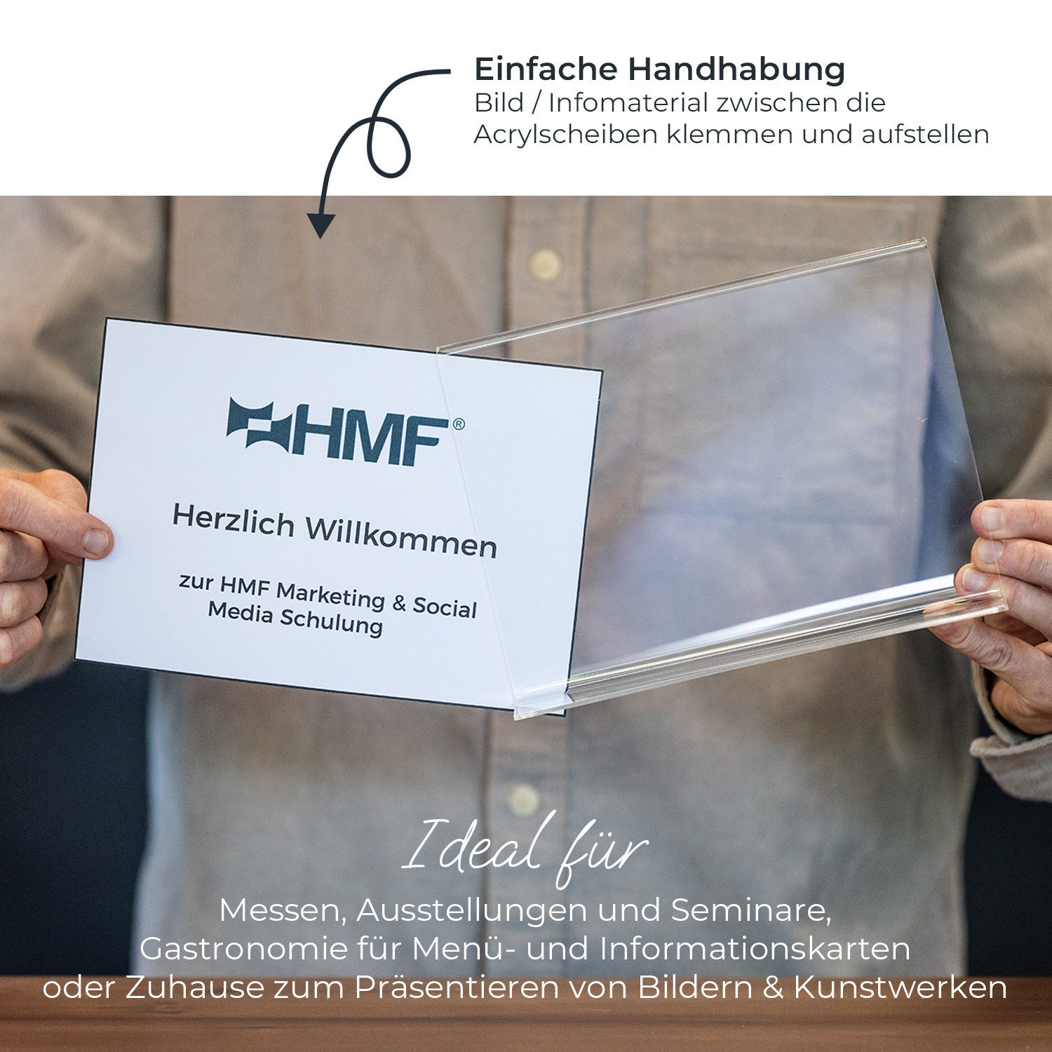 HMF Bilderrahmen Acryl Tischaufsteller DIN A6, Doppelseitiger, für 1 Bilder (1 St), T-Ständer Aufsteller, Hochformat, Glasklar