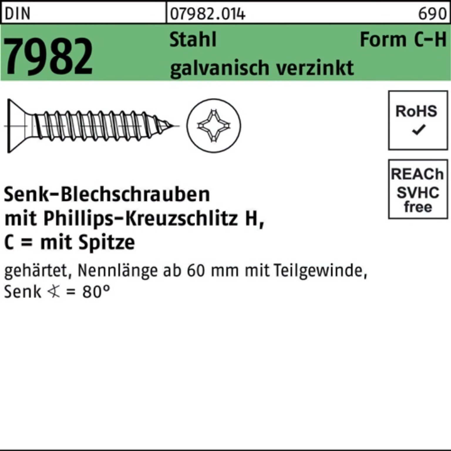 Reyher Schraube 1000er Pack Senkblechschraube DIN 7982 PH/Spitze C 3,5x13-H Stahl galv