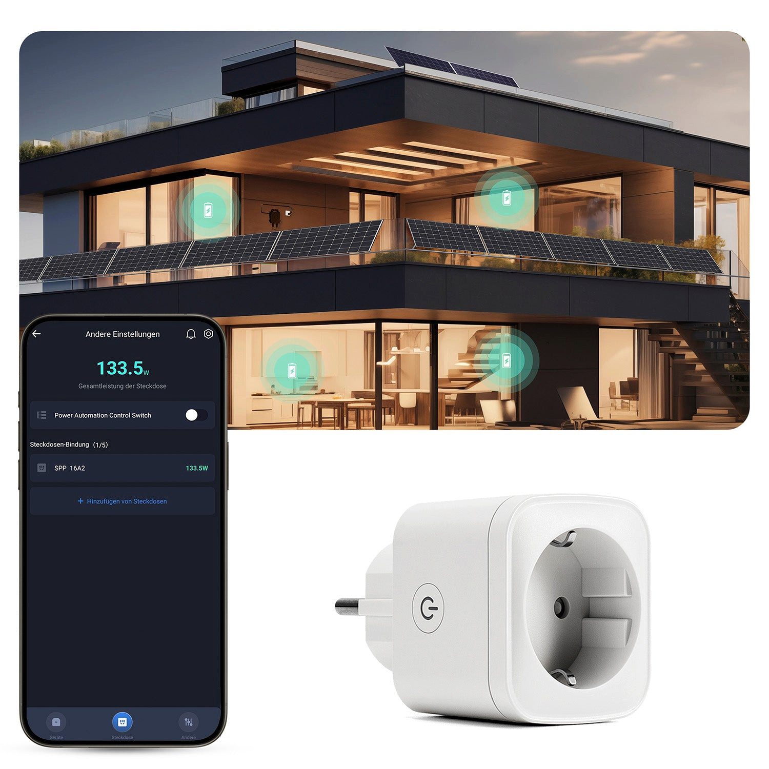 XORO SOLAR WLAN-Steckdose SPP 16A2 für optimiertes Energiemanagement im Haushalt, XORO SOLAR SPP 16A2, Smart Plug mit Energieüberwachung, WLAN, App‑Steuerung, 16 A