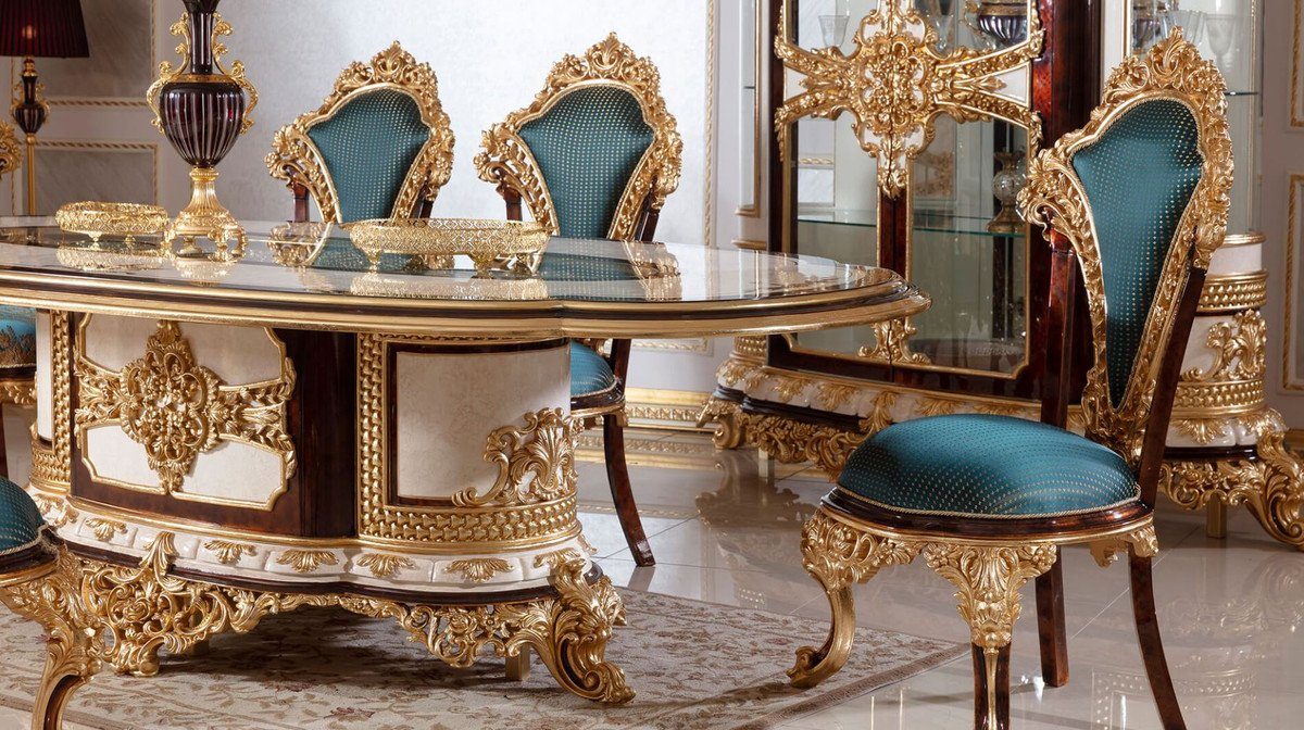 Braun Esszimmer Möbel - Barock Casa Barockstil Gold Esstisch Prunkvoll Prunkvoller im / Weiß / & Barock Padrino Massivholz Esszimmertisch Luxus Esstisch Edel - -