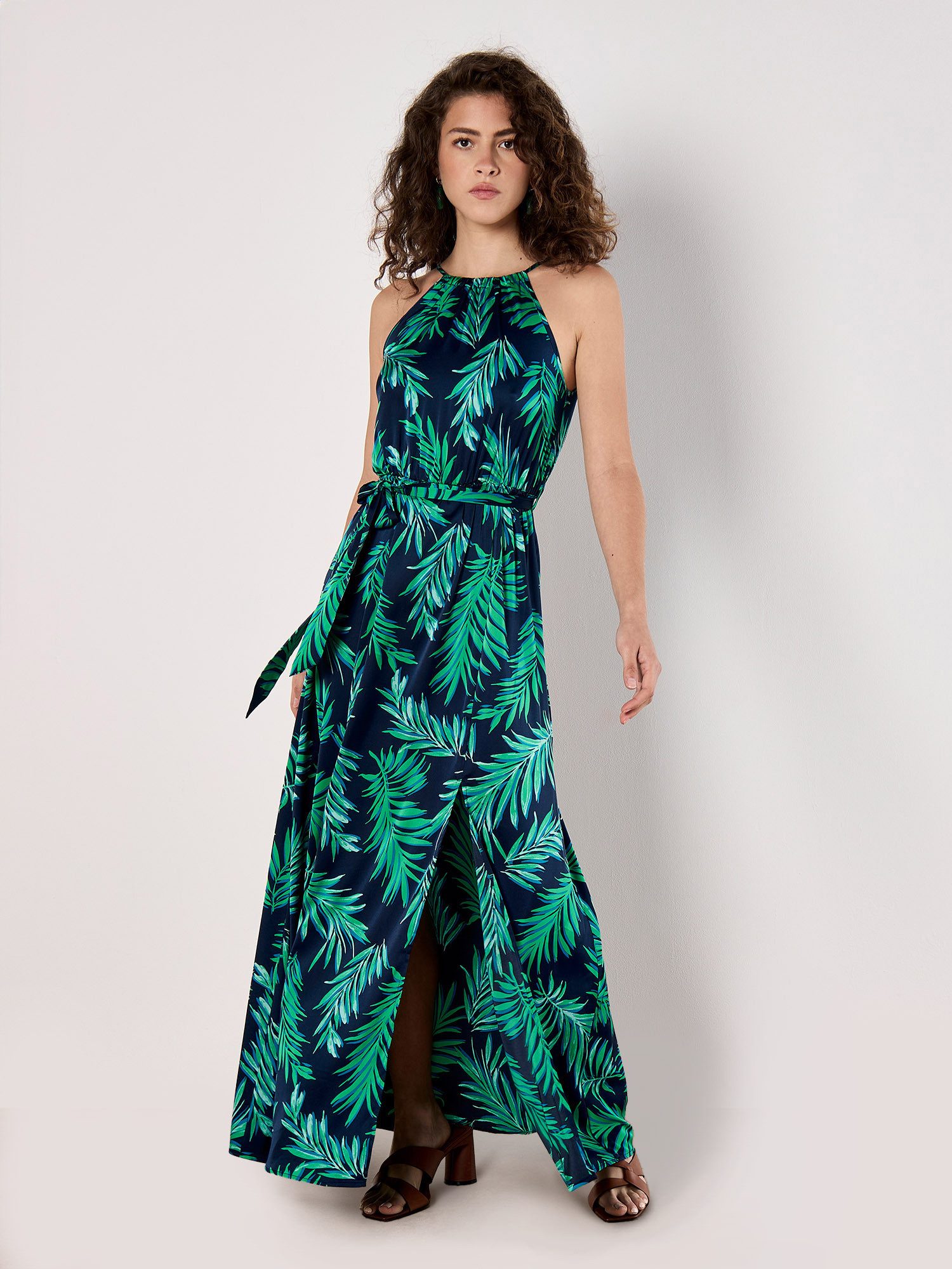 Maxikleid Blätterdruck Kleid