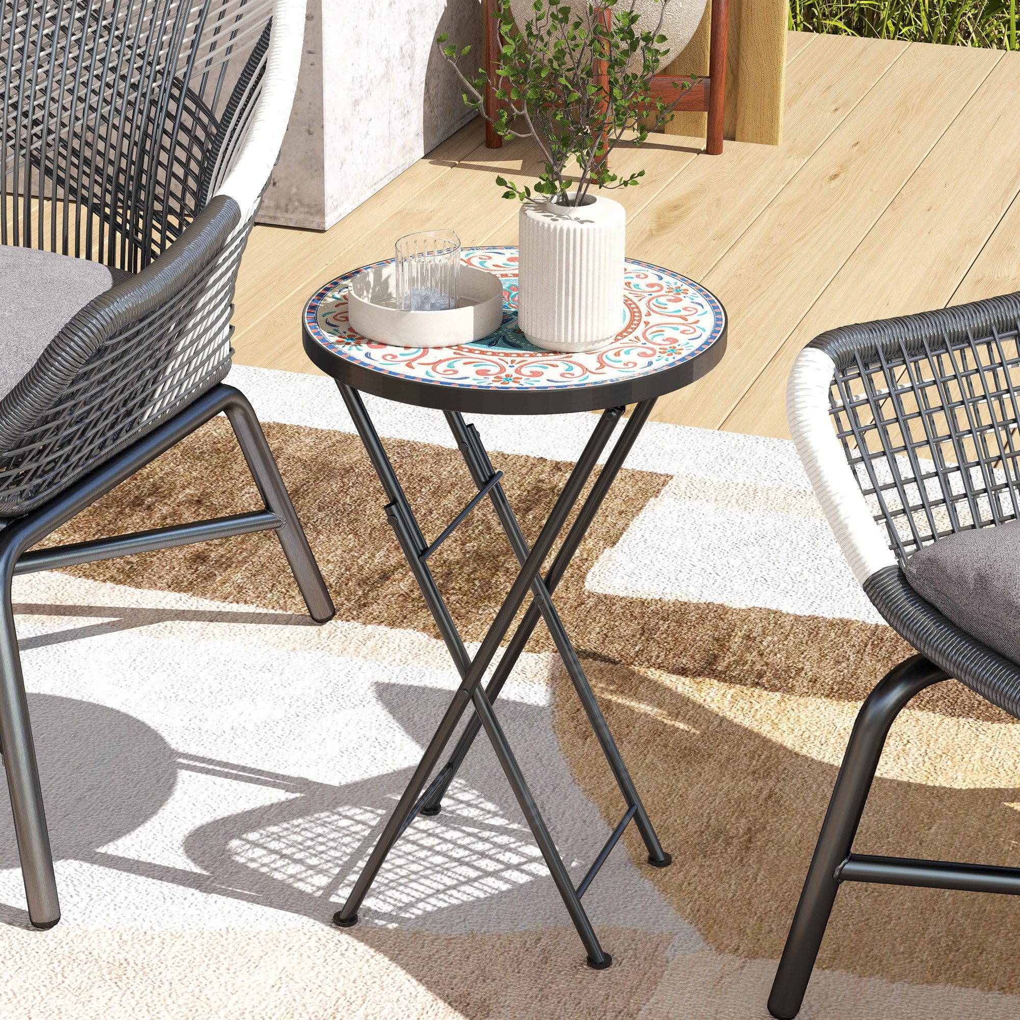 MC Star Gartentisch Mosaik-Gartentisch. Faltbarer runder Terrassentisch (mit Metallrahmen und Keramik-Tischplatte. Mosaik-Muster. Mehrfarbig)