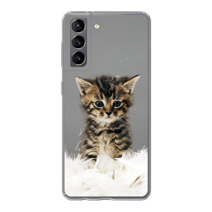 MuchoWow Handyhülle Kätzchen - Federn - Grau Phone Case Handyhülle Samsung Galaxy S21 Silikon Schutzhülle